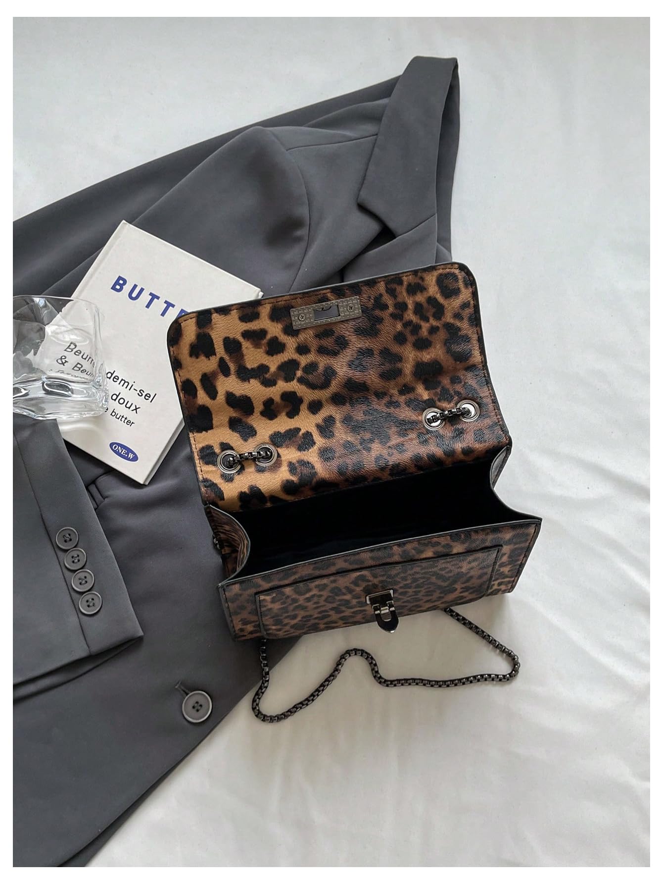 RoseSeek Women's Leopard Print Chain Shoulder Bag Metal Buckle Handbags Leather Clutch Purse Coffee Brown One-Size