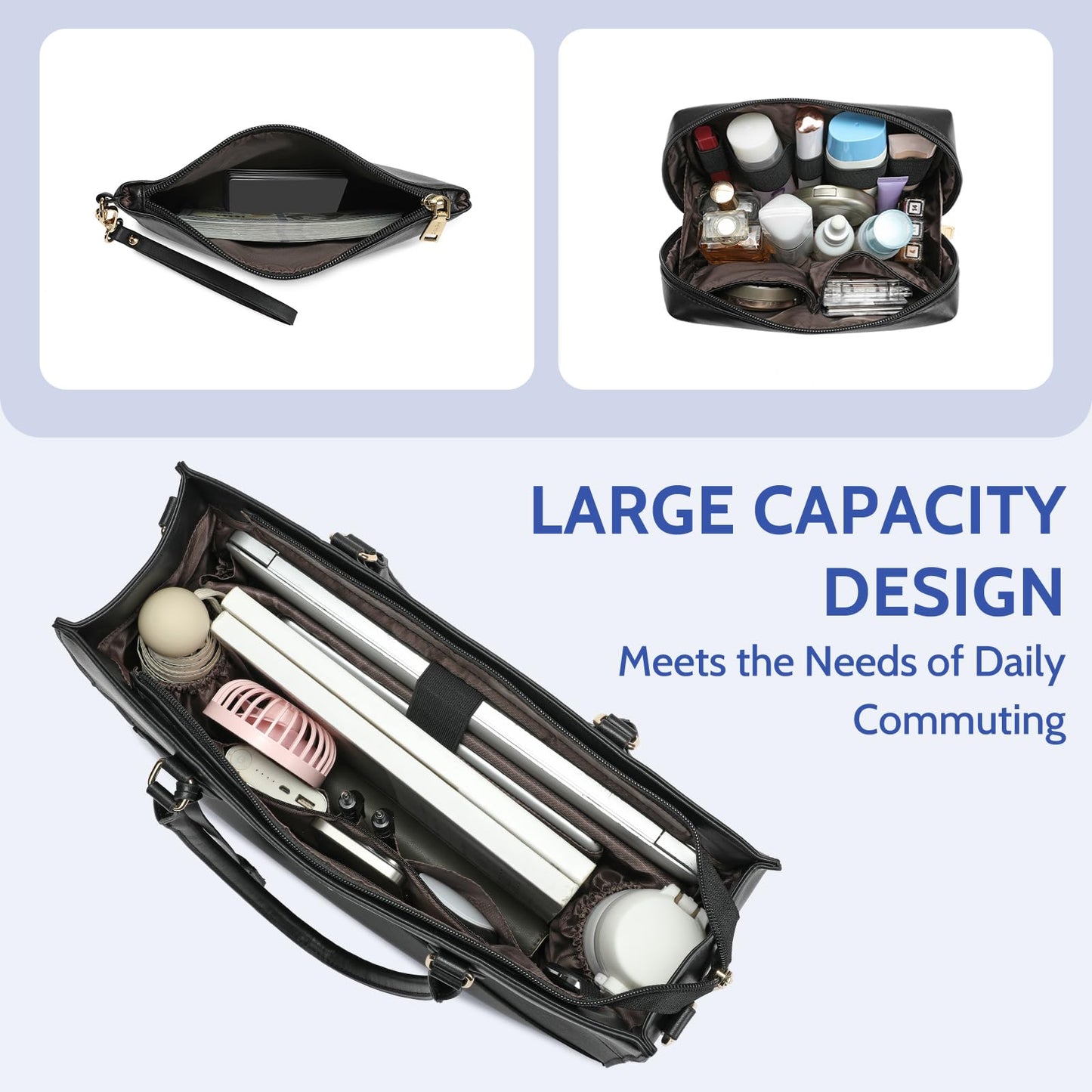 Keyli 3pcs Sets Laptop Bag for Women,15.6 Work Tote Bags Waterproof Leather Business Computer Briefcase with Clutch Purses Casual Shoulder Handbag Messenger Bag for Travel Office Black