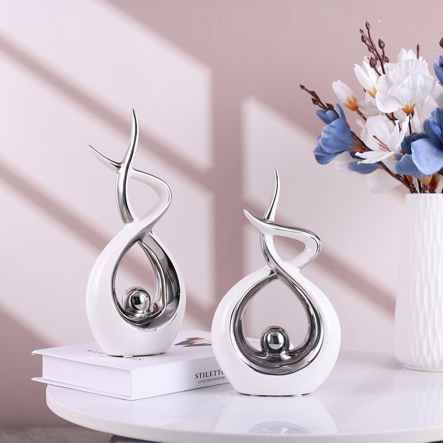 PlivBloom Silver White Abstract Ceramic Modern Sculpture, Knick Knacks Statues for Living Room, Shelf, TV Stand, Coffee Table, Dining Room, Office, Bedroom, Home Decor, Centerpiece, Great Gift Idea