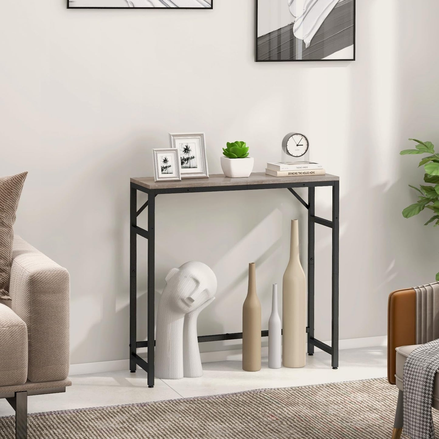 Livofloral Narrow Console Table, 29.5" Small Entryway Table, Sofa Table with 2 Support Bar, Industrial Couch Table, Thin Side Table, Display Tables for Living Room, Hallway, Bedroom, Foyer, Grey