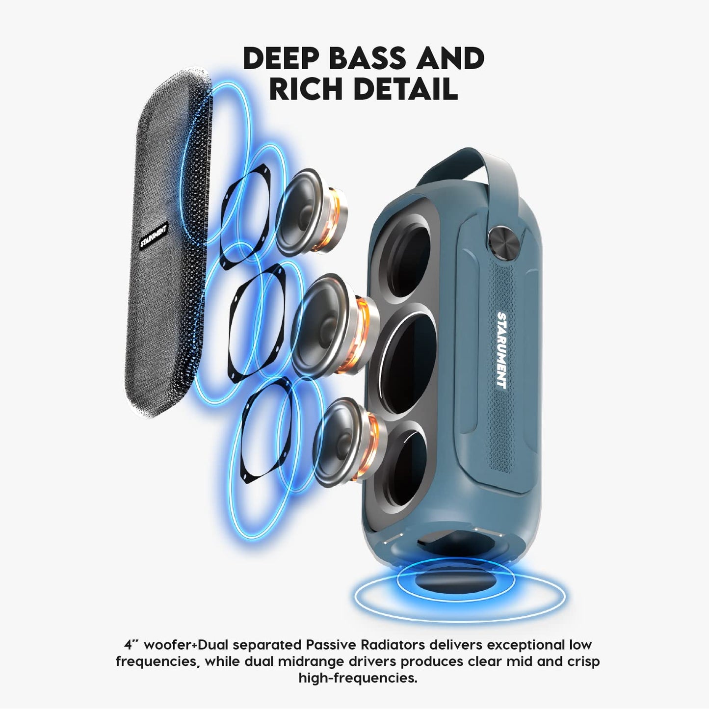 Starument MS-PB55 Party Speaker - Wireless Portable Speaker with Loud HiFi Sound, LED Lights, Cool Unique Design - IPX5 Waterproof, Rechargeable 3600mAh Battery - Compact Home & Outdoor Travel Speaker