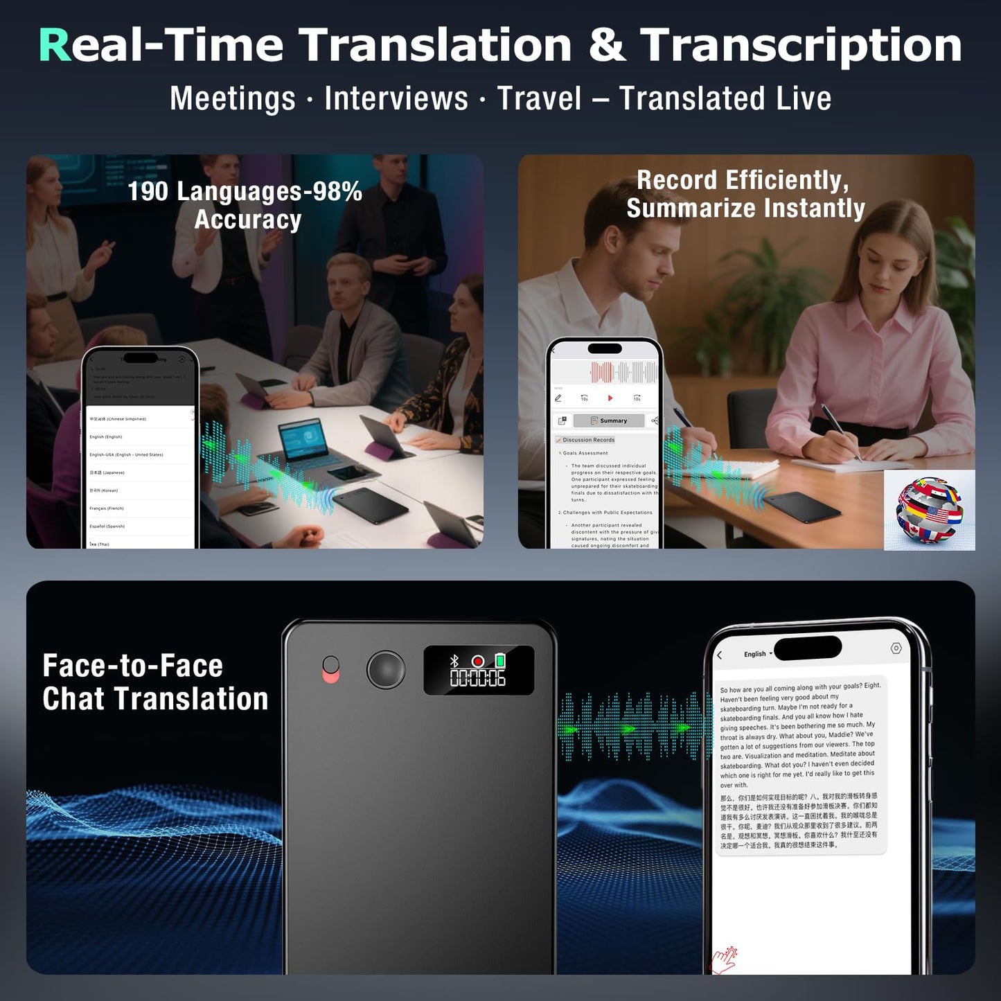 ZEOUPT AI Voice Recorder, Audio Activated Recorder with Playback, App Control, Transcribe & Summarize with AI Technology, 190 Languages, 64GB Memory, Suitable for Lectures, Learning, Meetings, Calls