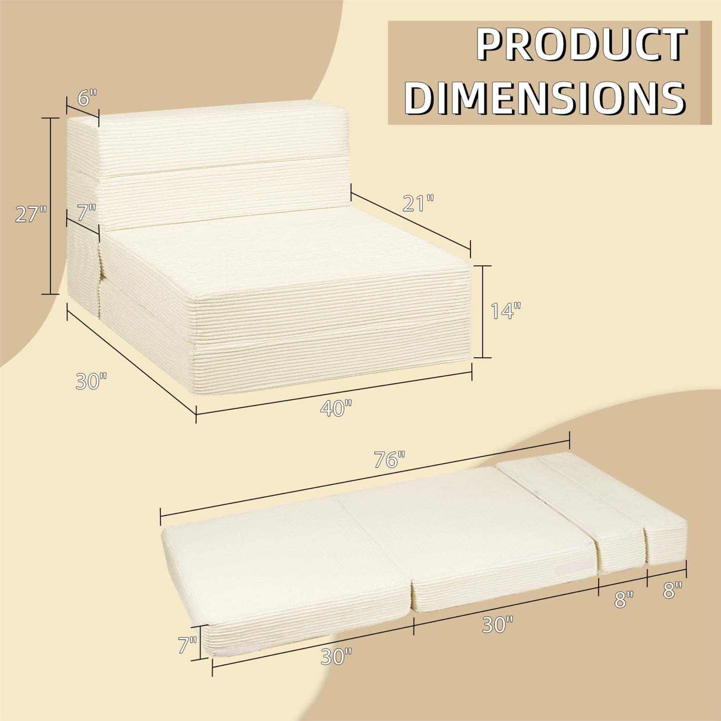 IBXFO Folding Sofa Bed, Convertible Sleeper with High Density Foam, Foldable Chair Bed Mattress, Futon Floor Couch for Living Room, Guest Room, Twin, White