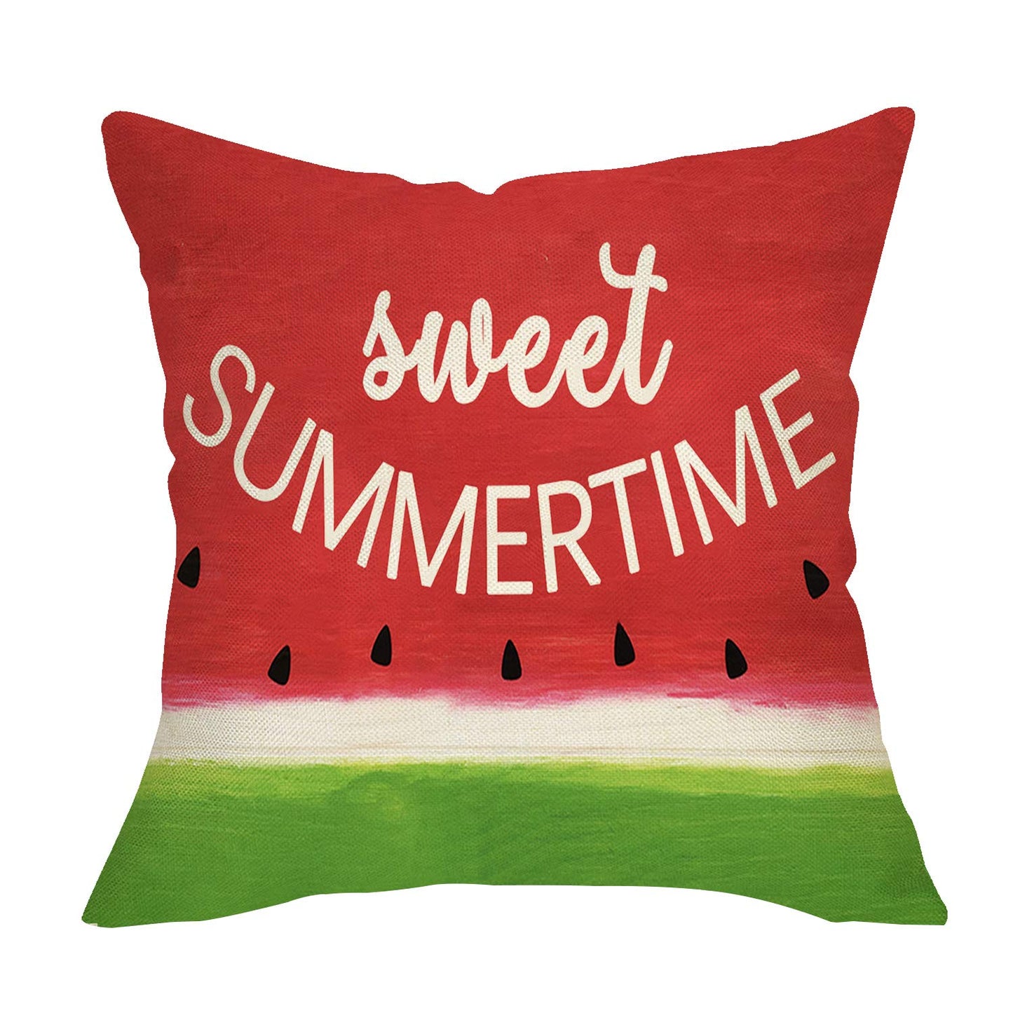 Softxpp Sweet Summer Time Decorative Throw Pillow Cover, Red Watermelon Sign Cushion Case Seasonal Rustic Home Decorations, Green Farmhouse Square Pillowcases Cotton Linen Decor for Sofa Couch 18 x 18