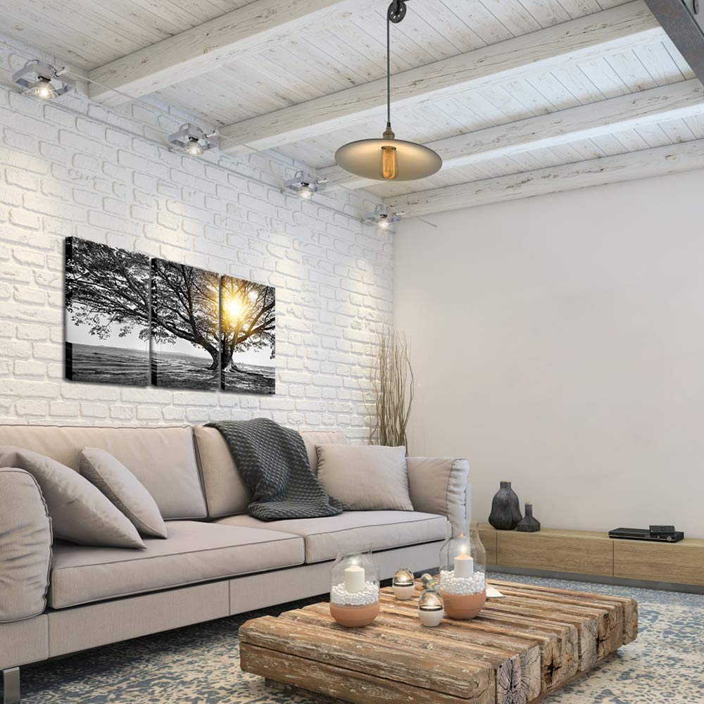 Biuteawal 3 Piece Wall Art Black White Tree at Warm Sunrise Landscape Picture Photo Canvas Prints Nature Tree of Life Painting for Home Office Living Room Decor Stretched and Framed Ready to Hang