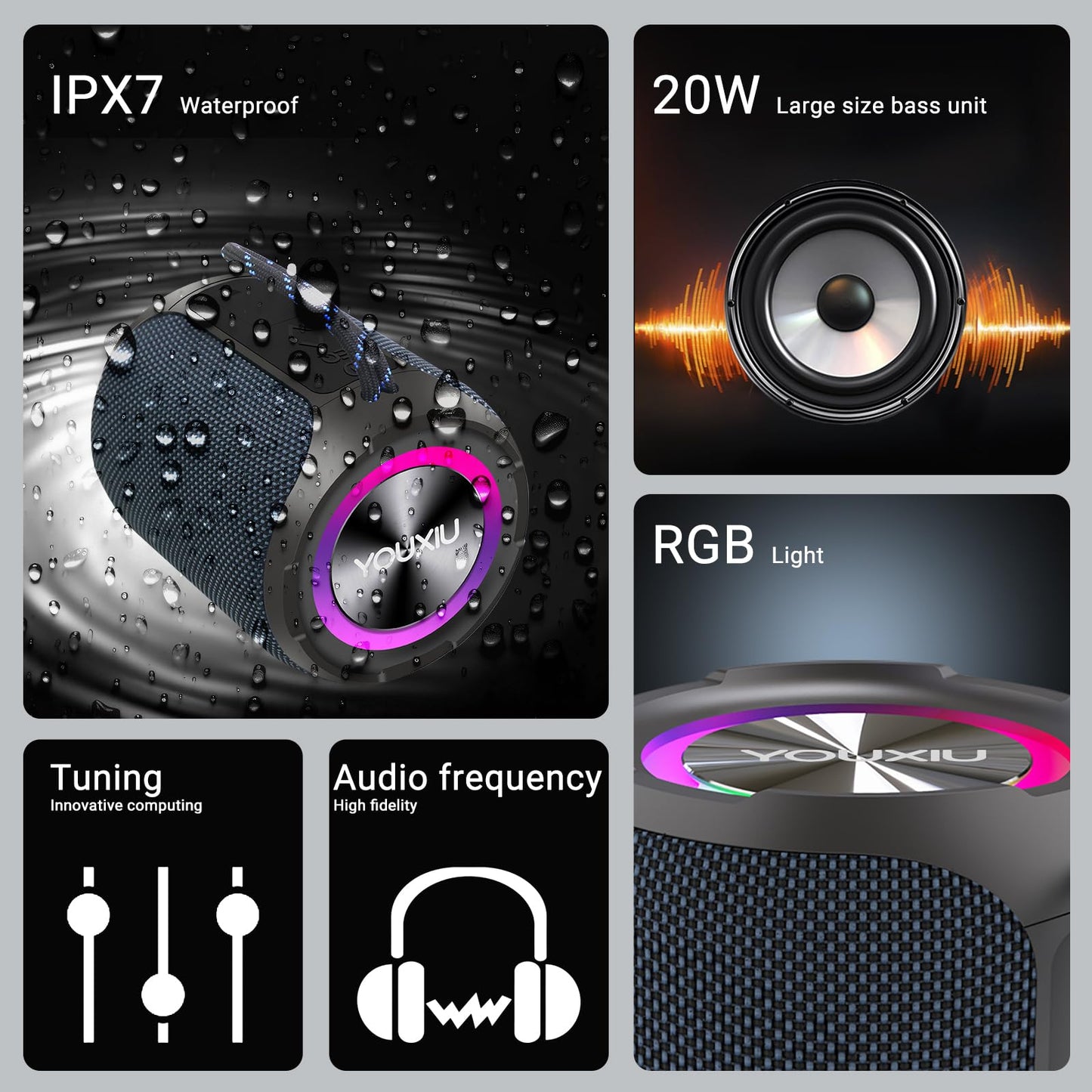 YOUXIU 40W Portable Bluetooth Speaker with Lights IPX7 Waterproof Wireless Speaker TF Double Pairing 24H Playtime,360 Degree Stereo Subwoofer Support Perfect for Outdoor, Travel, and Home Use