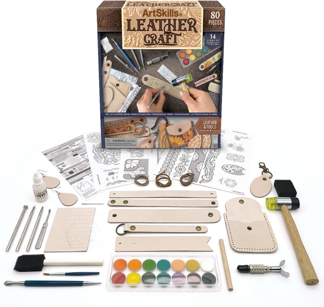 ArtSkills Leather Working Kit, Leather Tooling Kit with Tools, Leather Stamps, Leather for Crafts, Adult Project Kits, 80 pc