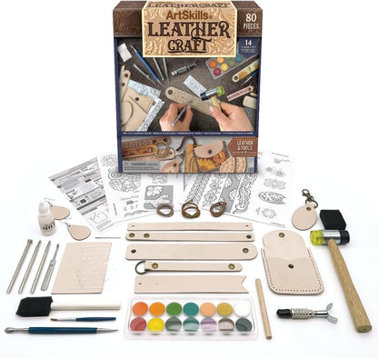 ArtSkills Leather Working Kit, Leather Tooling Kit with Tools, Leather Stamps, Leather for Crafts, Adult Project Kits, 80 pc