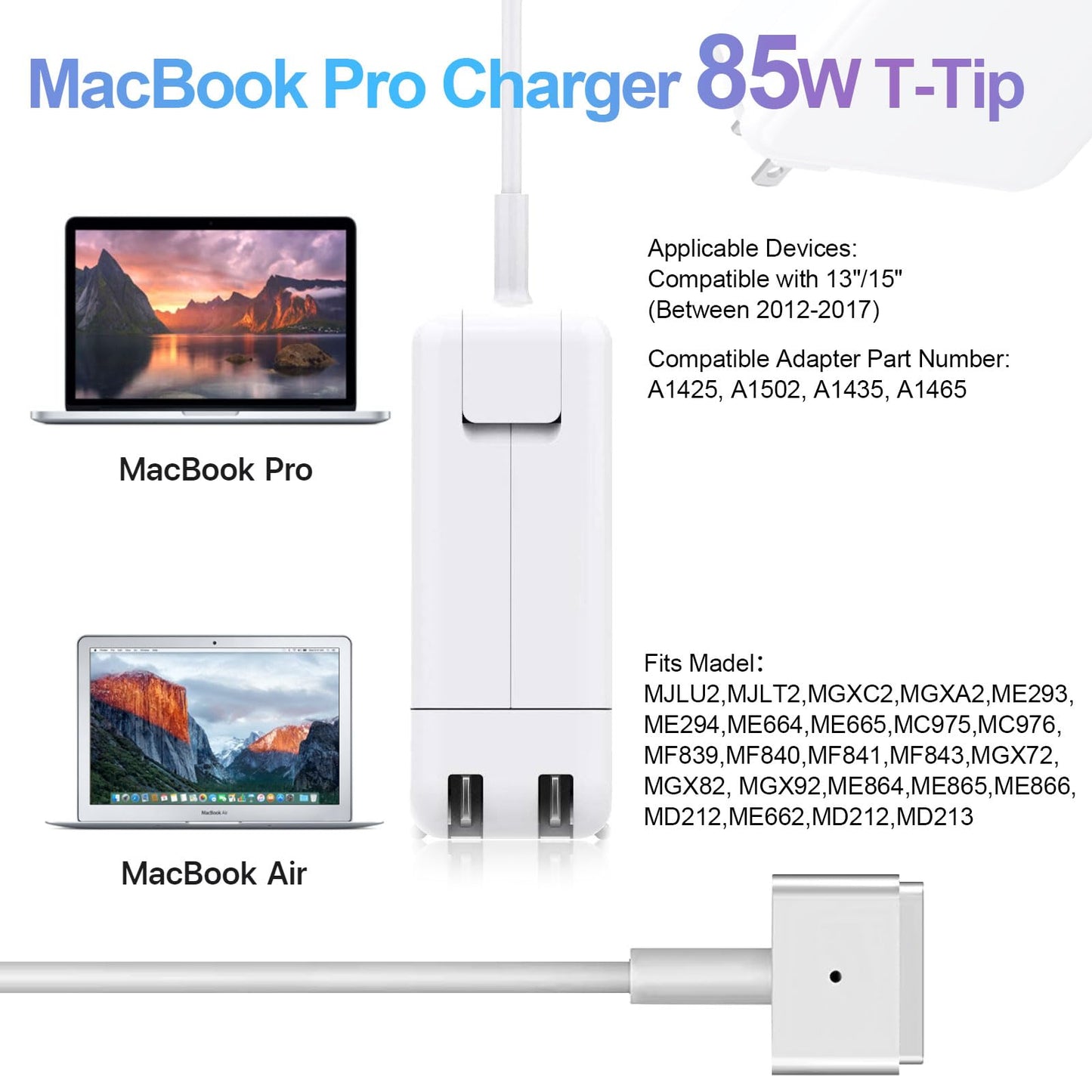 Mac Book Pro Charger 85W Power Adapter, Compatible with Mac Book Air/Pro 13-Inch & 15-Inch (Late 2012-2017)