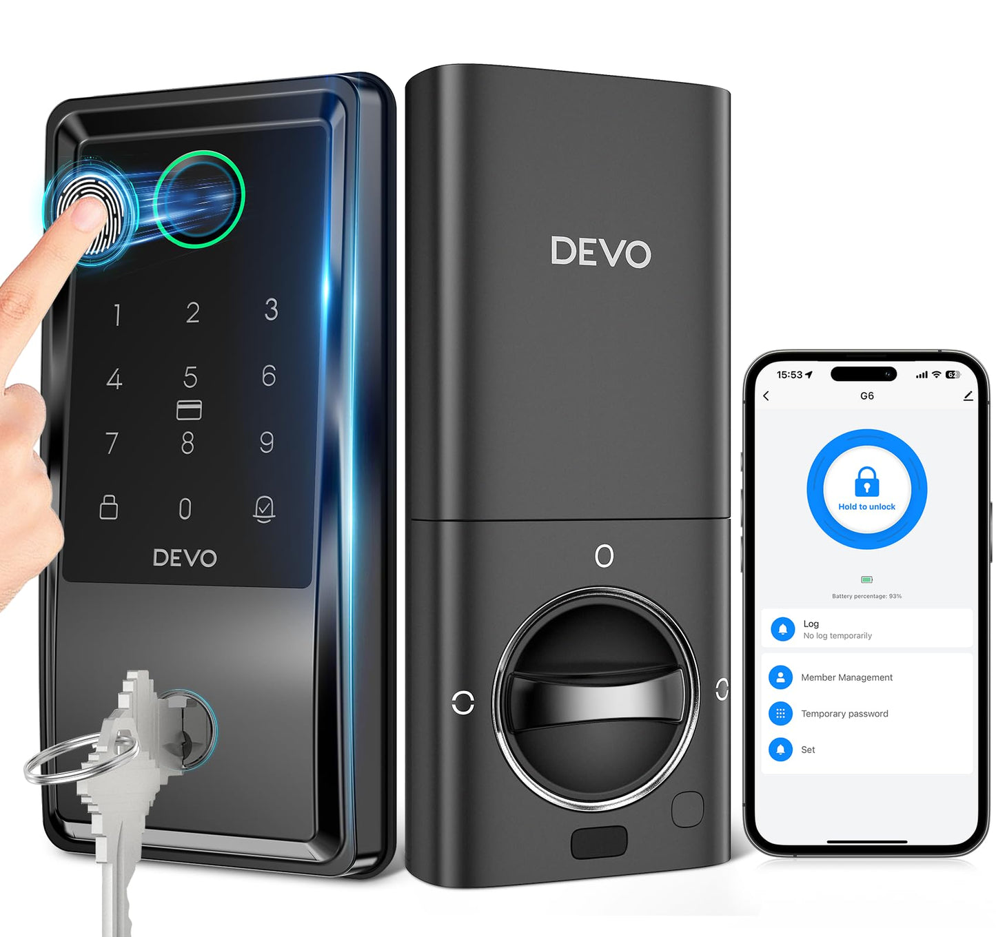 DEVO G6 Smart Lock,Fingerprint Keyless Entry Door Lock,Wi-Fi Deadbolt Smart Lock, Touchscreen Keypad Deadbolts,APP Remote,Auto-Locks, Easy Install Front Door Lock,IP54Waterproof(Black)