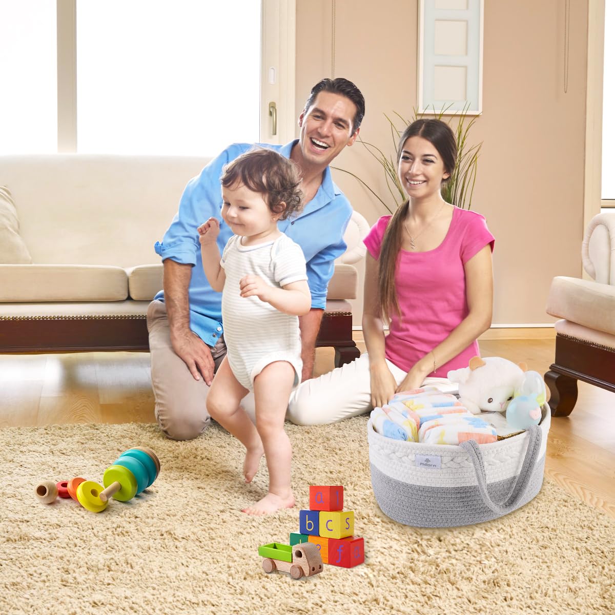 PHILORN Diaper Caddy Organizer, Cotton Rope Diaper Caddy Basket, Woven Diaper Caddy with Dividers, Nursery Storage Basket for Changing Table, Car Diaper Caddy, Baby Shower Gifts