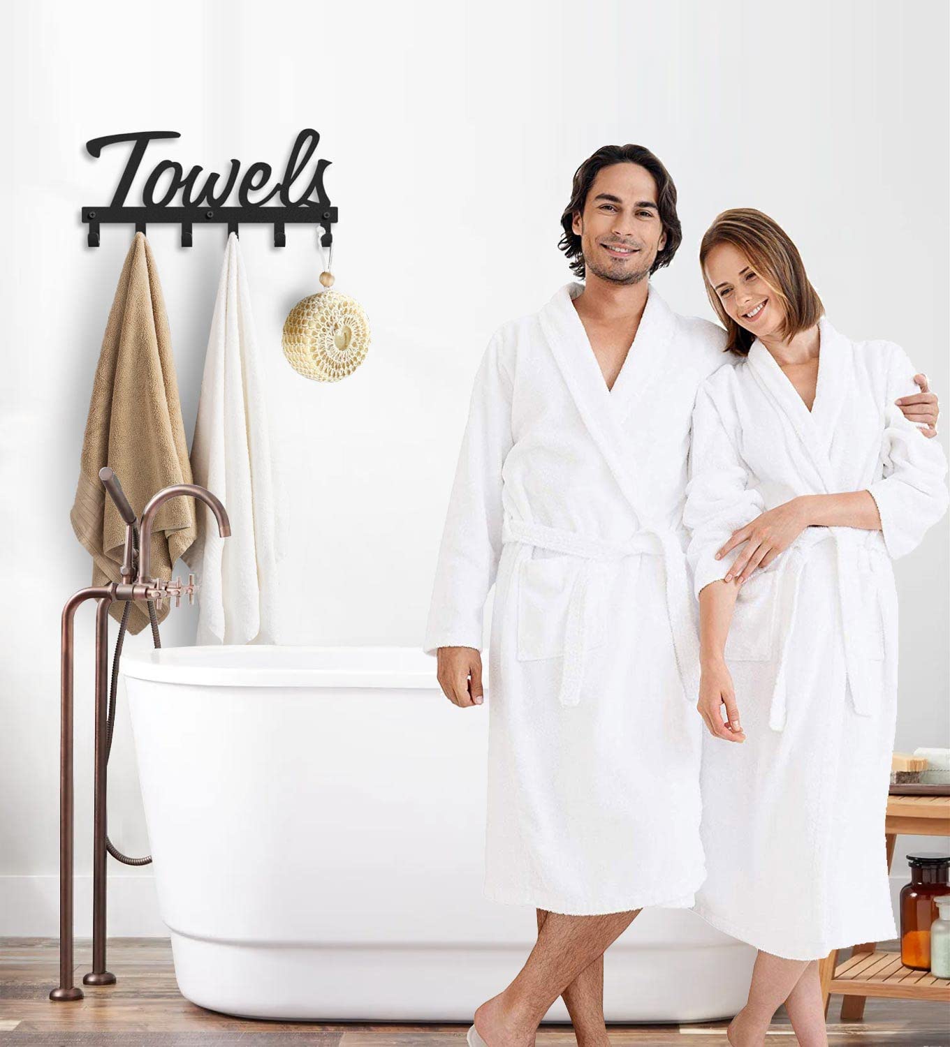 Livelab Towel Rack, Towel Racks for Bathroom Wall Mounted, 6 Hooks Black Metal Towel Holder for Bathroom Space Saving, Waterproof Rustproof Easy Install Bathroom Decor Towel Hanger Organizer