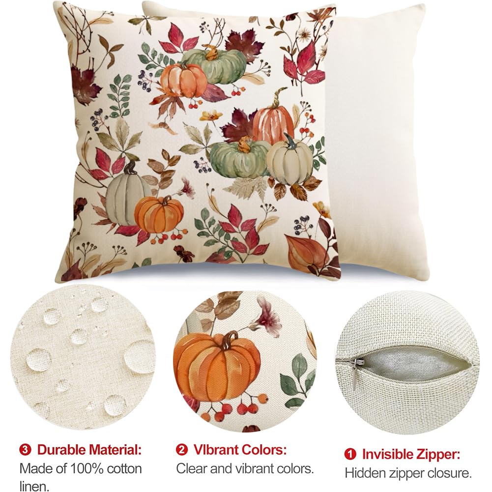 RABUSOFA Outdoor Waterproof Fall Pillow Covers 18x18 Inch,Fall Outdoor Pillows Case Set of 2,Pumpkin Autumn Thanksgiving Throw Pillows for Porch Maple Leaf(9-18)