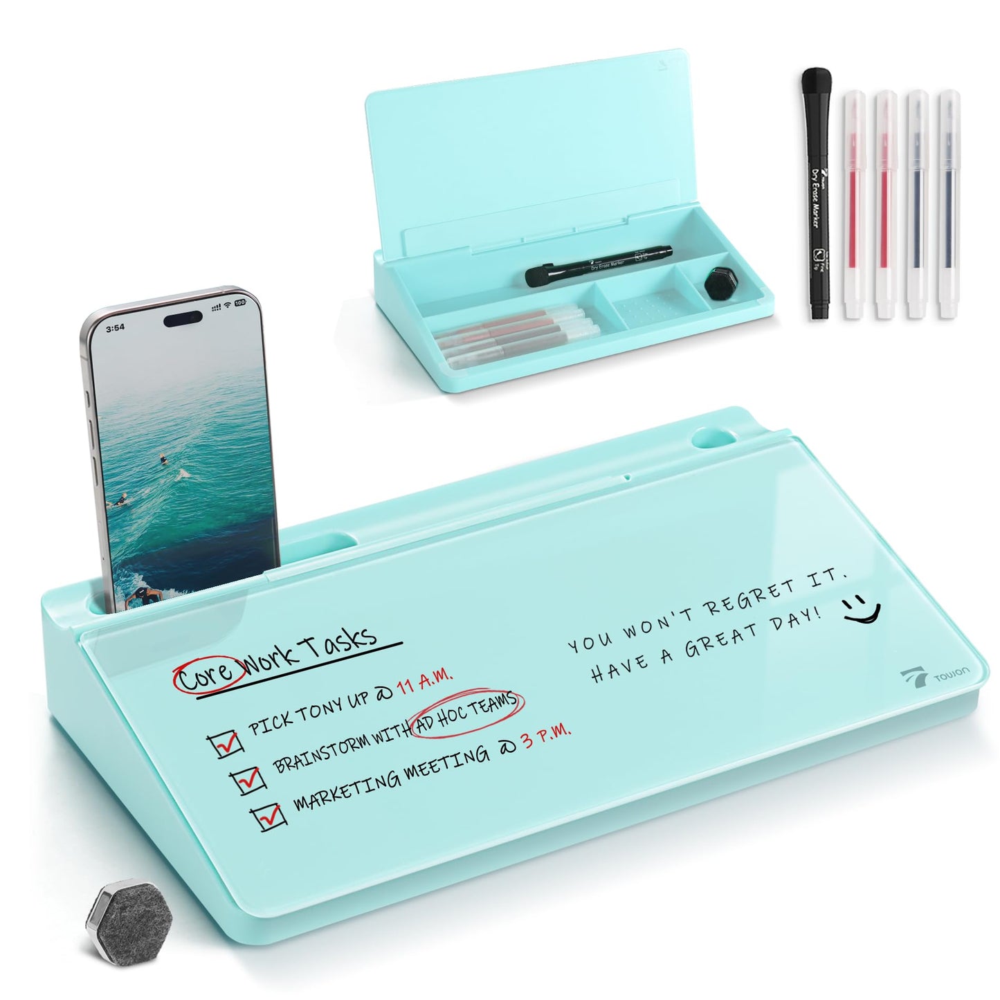 TOWON Small Compact Glass Desktop Whiteboard with Storage – 12 x 7 in Dry Erase Board for Desk, Home Office, School | Includes 5 Markers, Eraser & Holder | Space-Saving Organizer, Aesthetic Teal Blue
