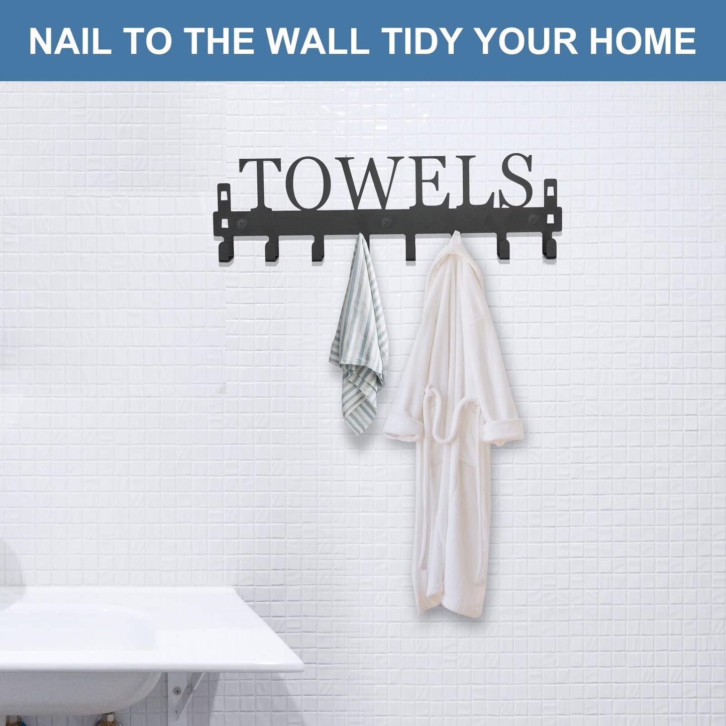 Azmoncy Over The Door Hooks, Towel Rack for Bathroom Towel Holder for Hanging Heavy Duty, Wall Mount Towel Hanger with 8 Hooks for Bedroom Bathroom Pool Kitchen Towels, Bag, Coats, Black