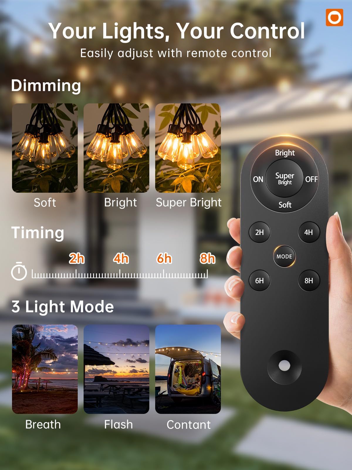 addlon 35FT Solar String Lights Outdoor, Waterproof Solar Powered with Remote & USB Port, 10+1 LED Shatterproof Bulbs, Dimmable Solar Light Outdoor for Camping Backyard Bistro Porch