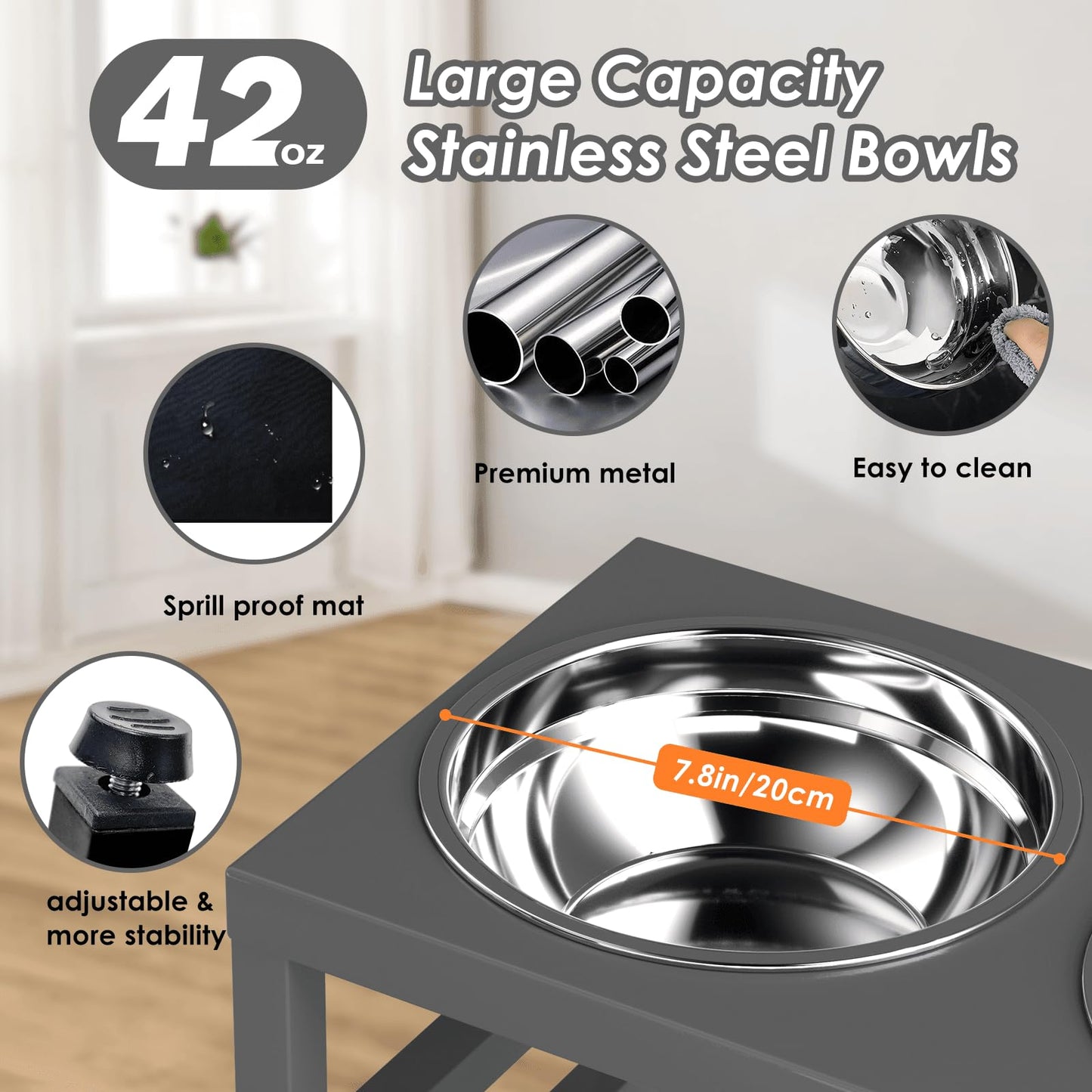 ADENGL Metal Raised Dog Bowl, 10" Tall Elevate Dog Feeder Stand with 2 Stainless Steel 42oz Bowls & 16x24 Non-Slip Mat – Stronger Dogs Food & Water Bowl Stand (Grey)