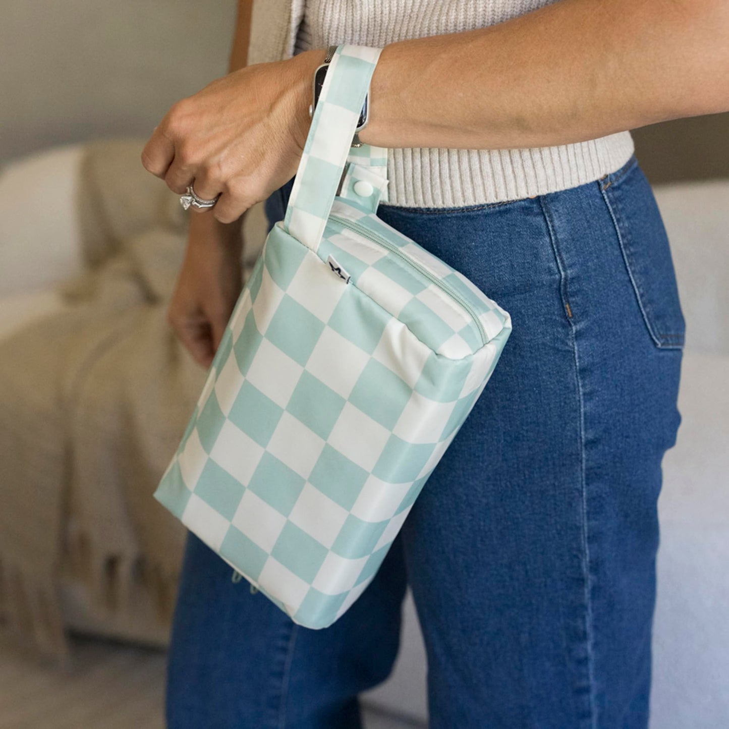 Tiny Twinkle Portable Waterproof Makeup Bag | Travel-Friendly Cosmetic Organizer with Convenient Carry Handle | Spacious Interior, and Secure Zipper Closure (Sage Checkers)