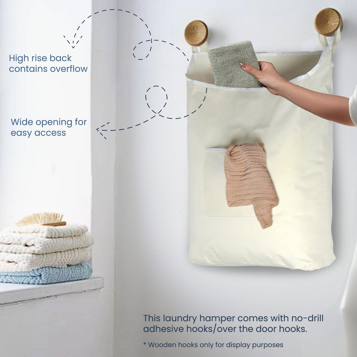 The Fine Living Co. Hanging Laundry Hamper with Over Door Hooks & Adhesive, Durable Space Saving Laundry Bag with Zipper and Wide Open Top, Hanging Dorm Laundry Hamper 18"x4.75"x28" (Beige-L)