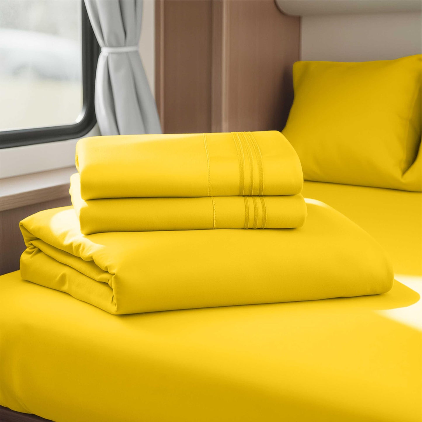 Clara Clark Bed Sheets, Premier 1800 Series 4 Piece RV Queen Sheet Set, Luxury Soft Sheets for RV Bunks, Short Queen - Yellow