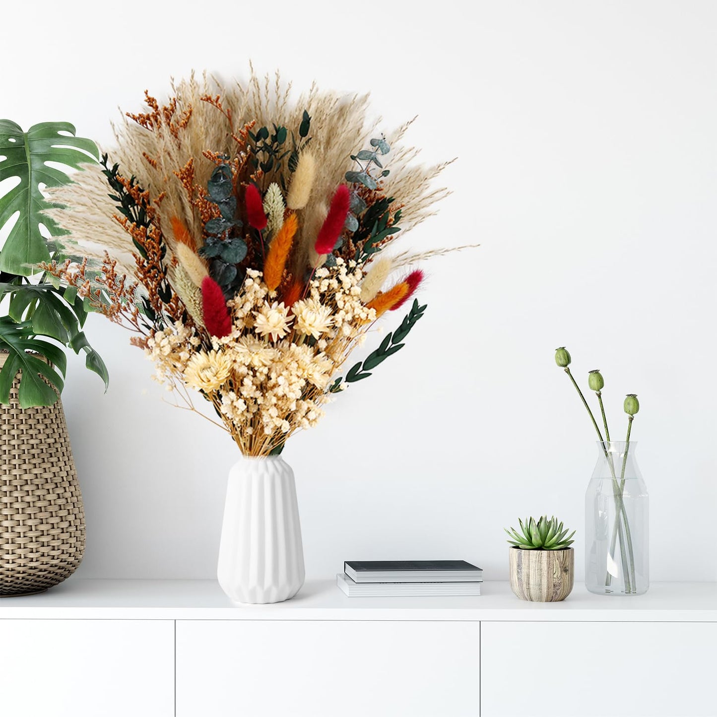 Dried Flower Bouquet, 17" Natural Dried Pampas Grass Decor, Boho Pampas Dried Flower Arrangements Contains Bunny Tails Dried Flowers Eucalyptus and Reed Grass for Home Decor