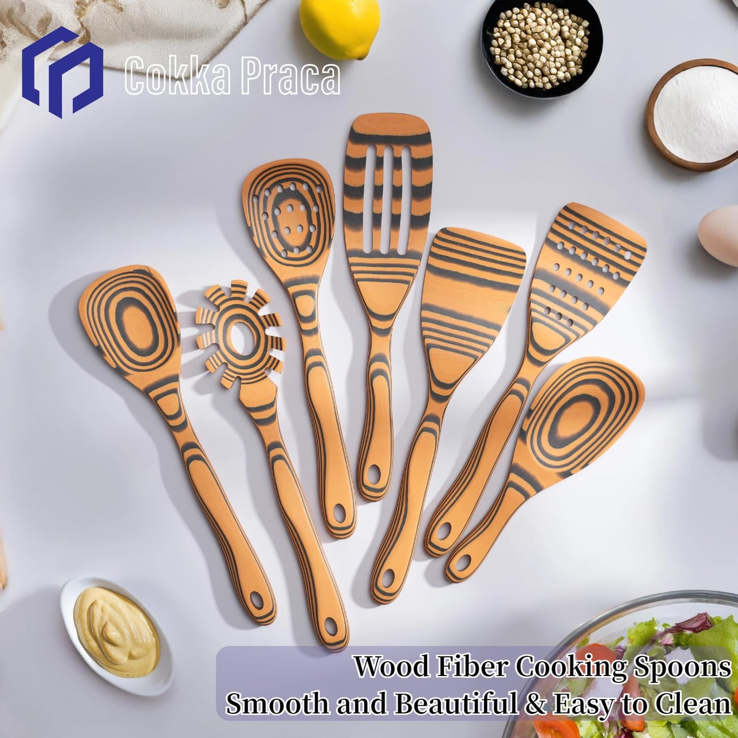 Dishwasher Safe & Maintenance Free Handcraft Wooden Cooking Spoon Set-Sturdy Wooden Spoons for Cooking, 7-Piece Wooden Kitchen Utensil Set for Nonstick Cookware, Heat Resistant