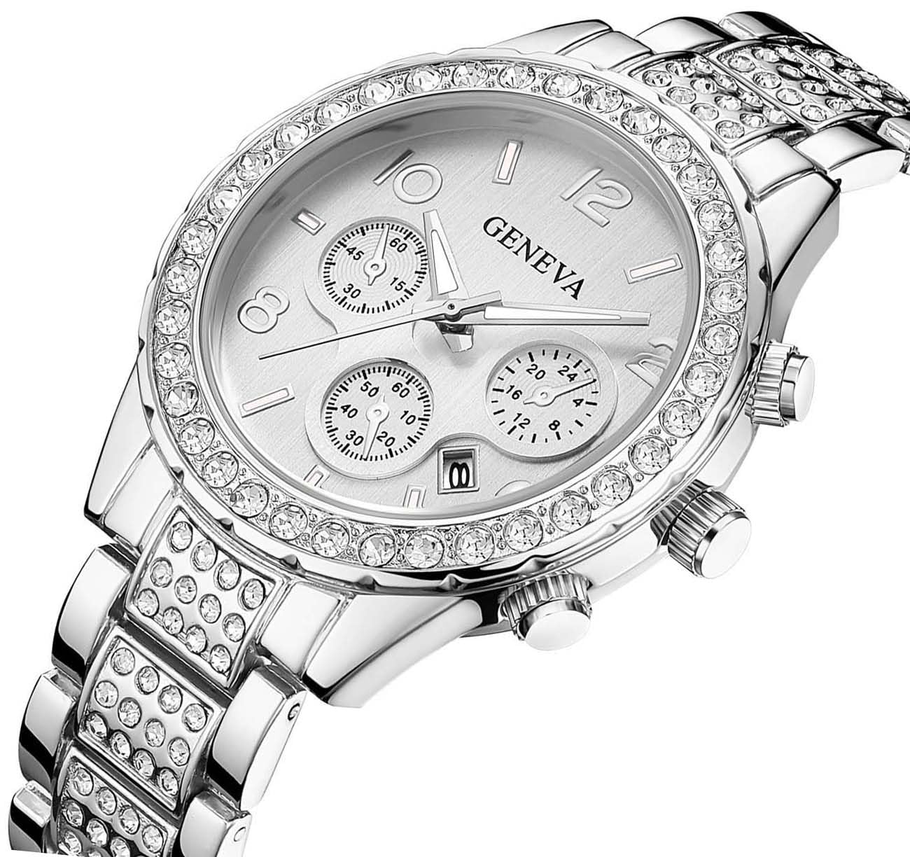 Gosasa Luxury Unisex Crystal Diamond Watches Quartz Digital Calendar Rose Gold Silver Stainless Steel Watch (Silver)