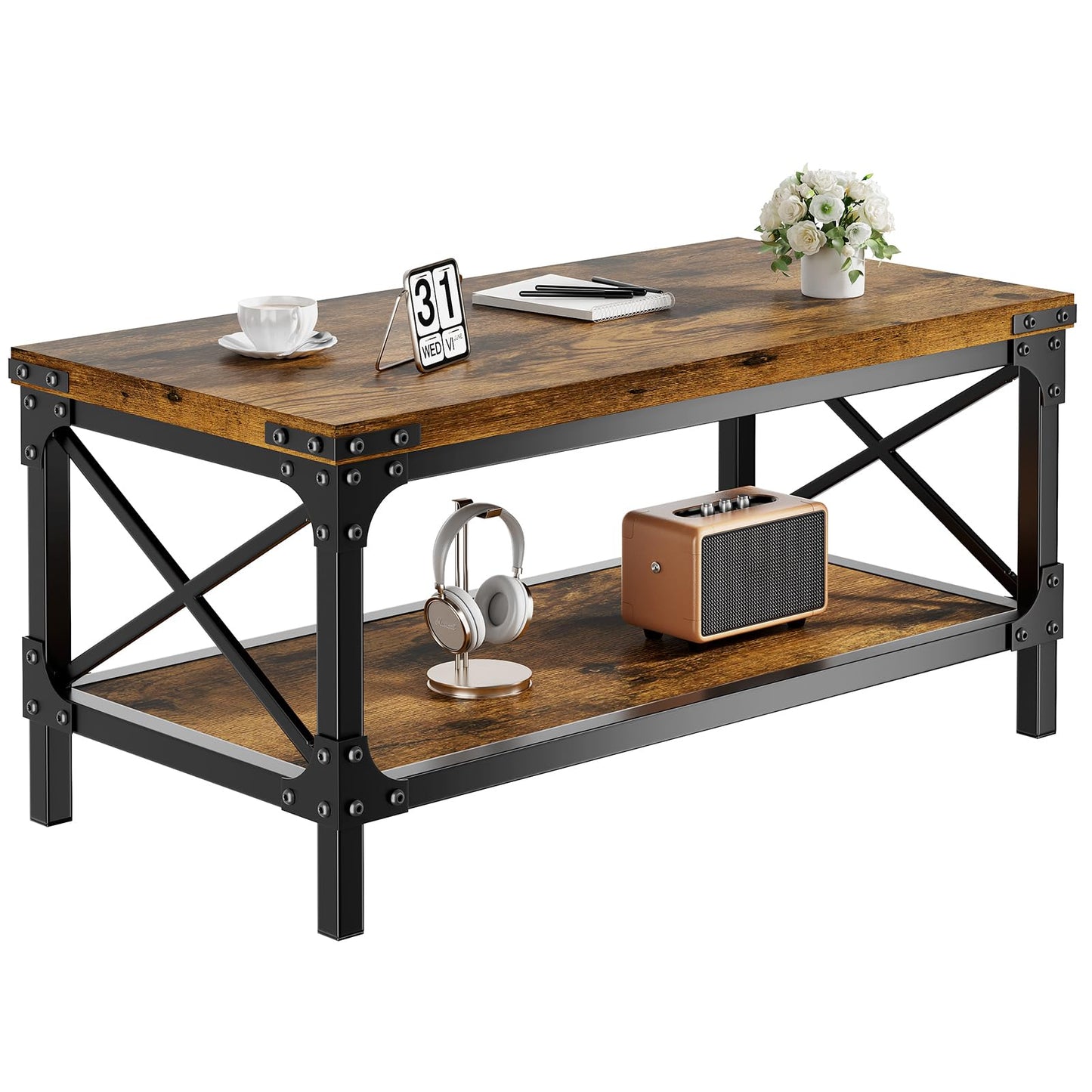Rectangle Coffee Tables for Living Room, Wood Rectangular Coffee Table, 2 Tier Industrial Modern Center Table with Thickened Tabletop and Metal Frame, 40 inch Long (Rustic Brown)