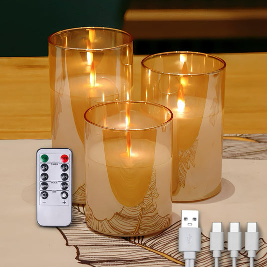 200 Hours Rechargeable Flickering Flameless Candles, Rechargeable Battery LED Glass Pillar Candle with Remote and Timer, Real Wax Warm Color for Halloween Christmas Festival Wedding Home Party Decor