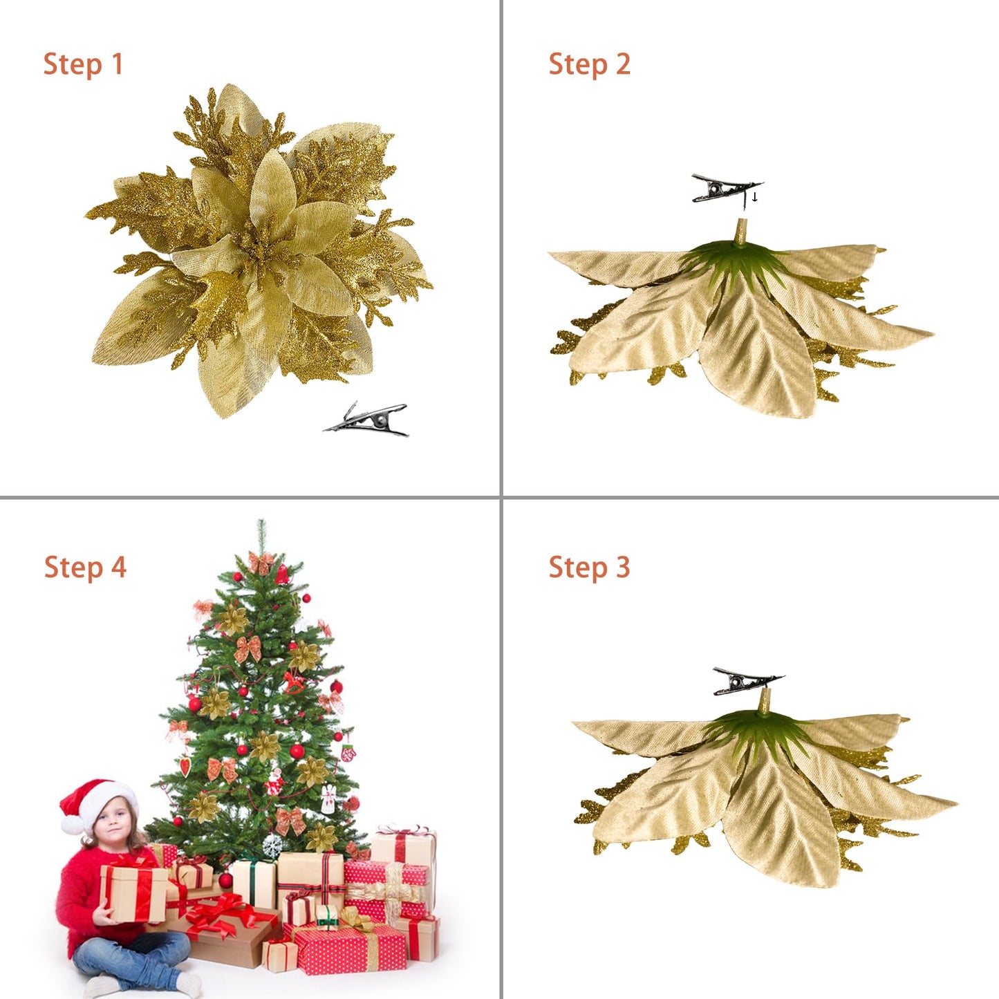 yuagolle Christmas Artificial Poinsettia Flowers: 12pcs Gold Poinsettia with Clips Silk Glitter Picks Fake Floral, for Decorations, Xmas Tree Decor, Wreath Garland Bulk, Wedding, New Year Ornaments
