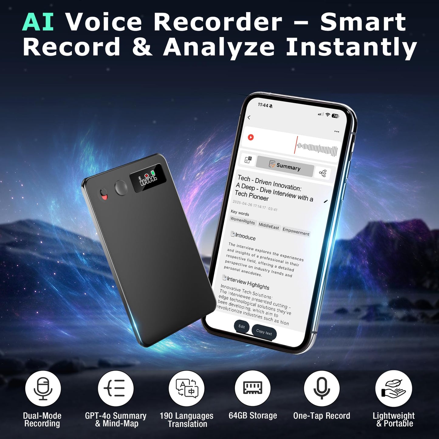 ZEOUPT AI Voice Recorder, Audio Activated Recorder with Playback, App Control, Transcribe & Summarize with AI Technology, 190 Languages, 64GB Memory, Suitable for Lectures, Learning, Meetings, Calls