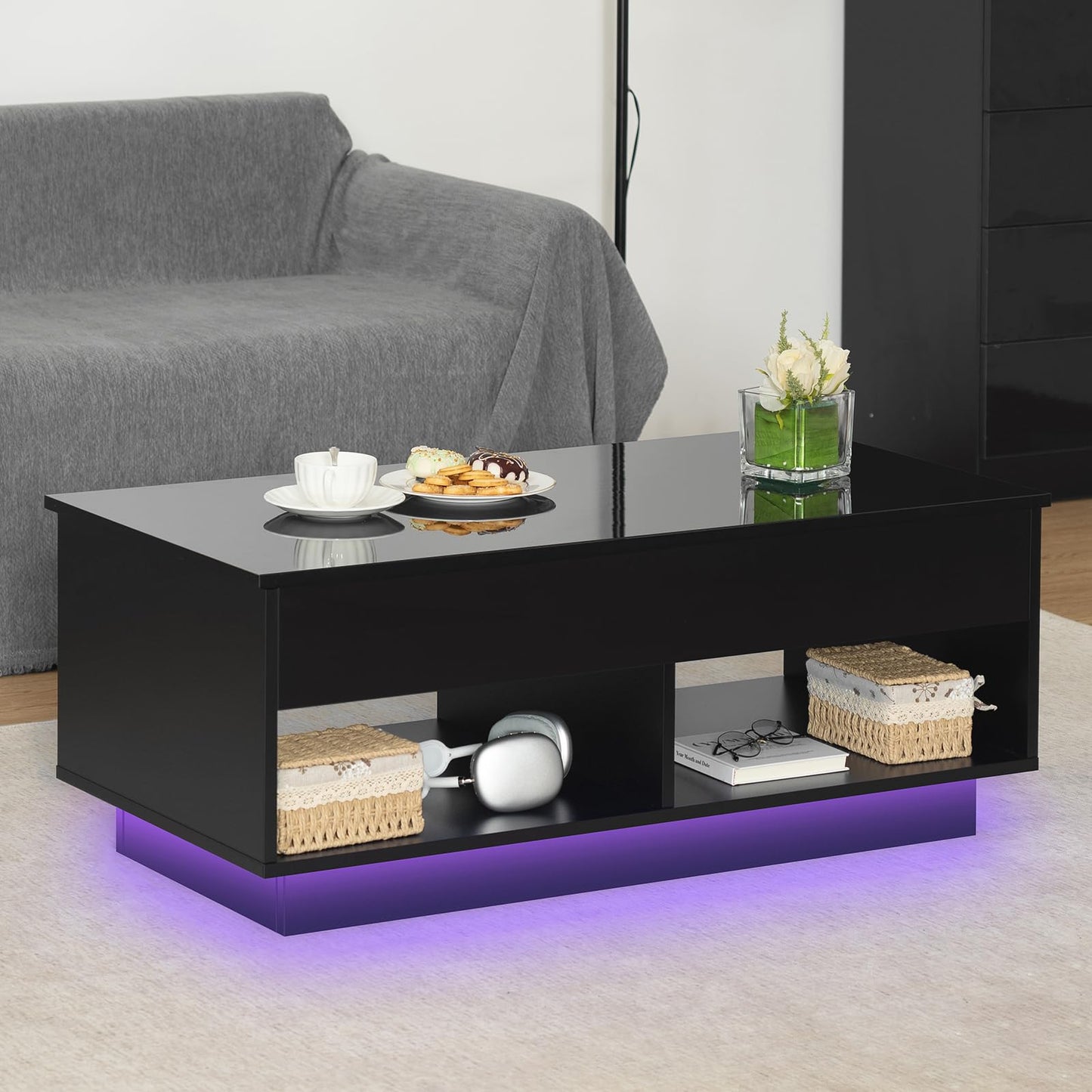 HOMMPA 40" Modern LED Coffee Table with Storage for Living Room, Lift Top Coffee Table with 2 Shelves, High Glossy Wooden Dining Table, Multifunctional Furniture for Bedroom Home Office, Black