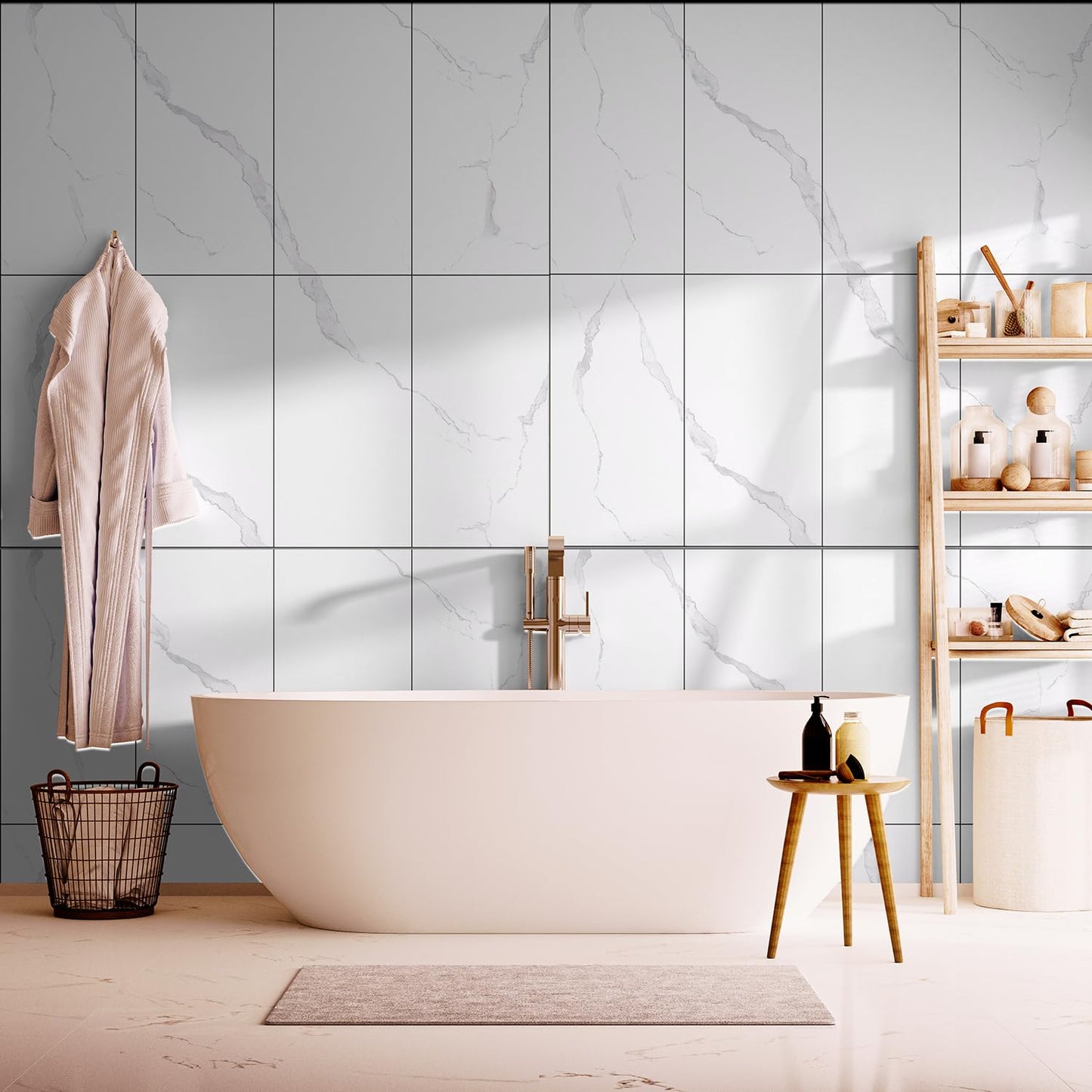 10-Pack Peel and Stick White Marble Wall Panels (11.8" x 23.6") – 19.4 Sq. Ft. Waterproof PVC Tiles for Kitchen, Bathroom, Living Room & Accent Walls – Heat-Resistant Self-Adhesive Backsplash Tiles