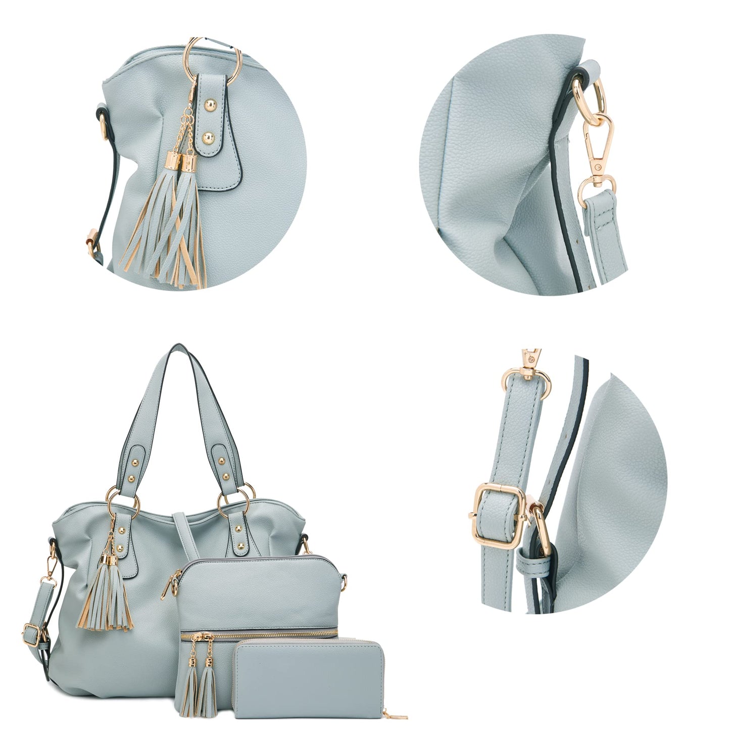 Purses And Wallets Set For Women Tote Handbags Large Hobo Bag Purse With Wallet 3PCS GreyBlue