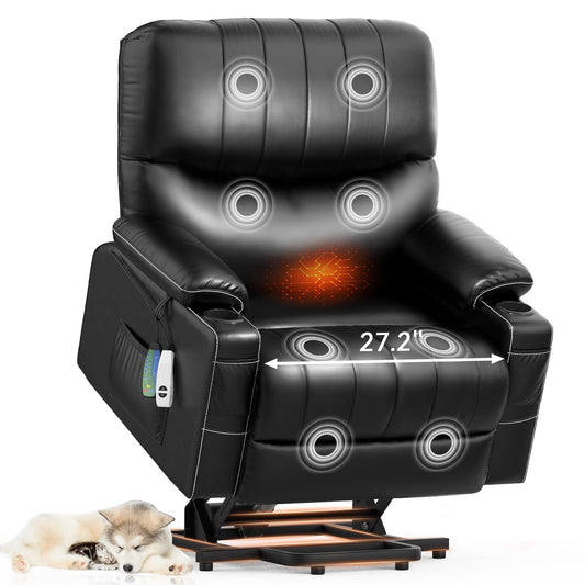 2025 Upgraded Power Lift Recliner Chair, Lift Recliners with Heat and Massage, 27in Extra Wide Recliner Lift Chairs for Elderly, Faux Leather Reclining Lift Chairs with Cup Holders & USB Ports (Black)