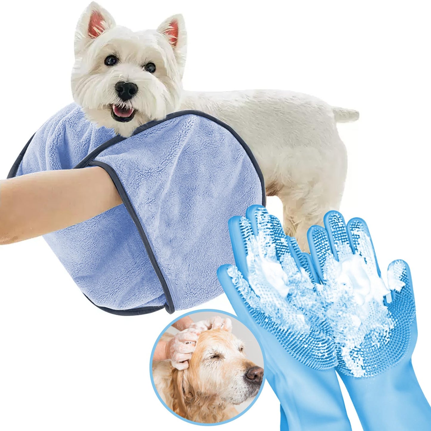 KUEIOX Dog Washing Gloves - Quick Drying Dog Towel,Cat Bath Grooming Gloves Brush with High-Density Teeth for Bathing Massaging，Absorbent Pet Bath Towel 30.3"x13.8" with Hand Pocket for Dog Cat Blue