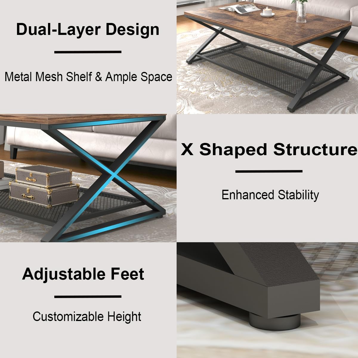 LVB Rustic Coffee Table with Storage, Industrial Wood Metal 2 Tier Center Living Room Table with Mesh Shelf, Farmhouse Wooden Low Rectangle Cocktail Tea Table for Office Bedroom, 47 inch, Rustic Brown