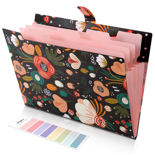 SKYDUE Expanding File Folder with 5 Pockets, Floral Accordion File Organizer for Important Document，Portable Receipt Paper Organizer，School Office Supplies Black