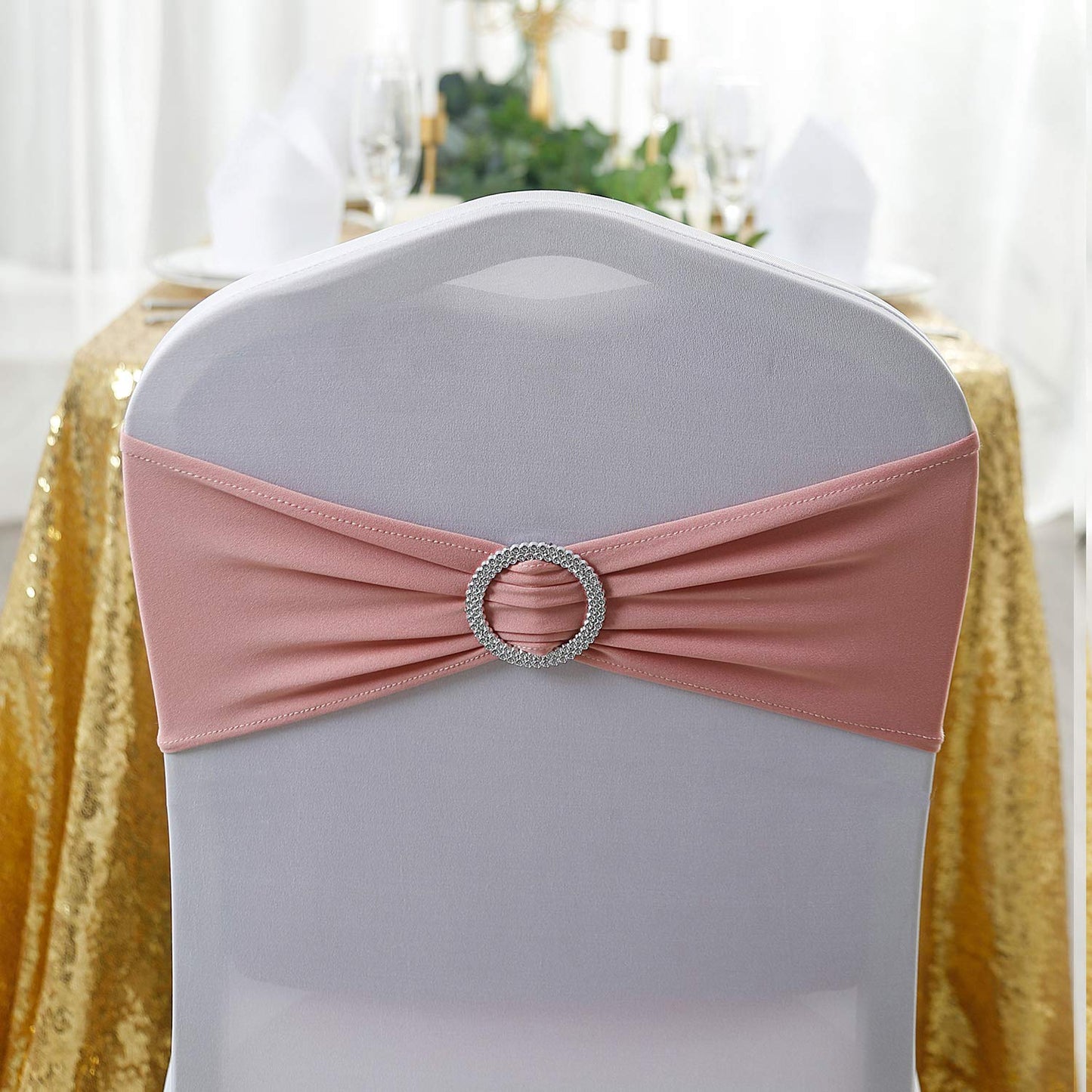 Peomeise 100pcs Dusty Pink Spandex Chair Sashes with Buckle Slider for Wedding, Party Decoration