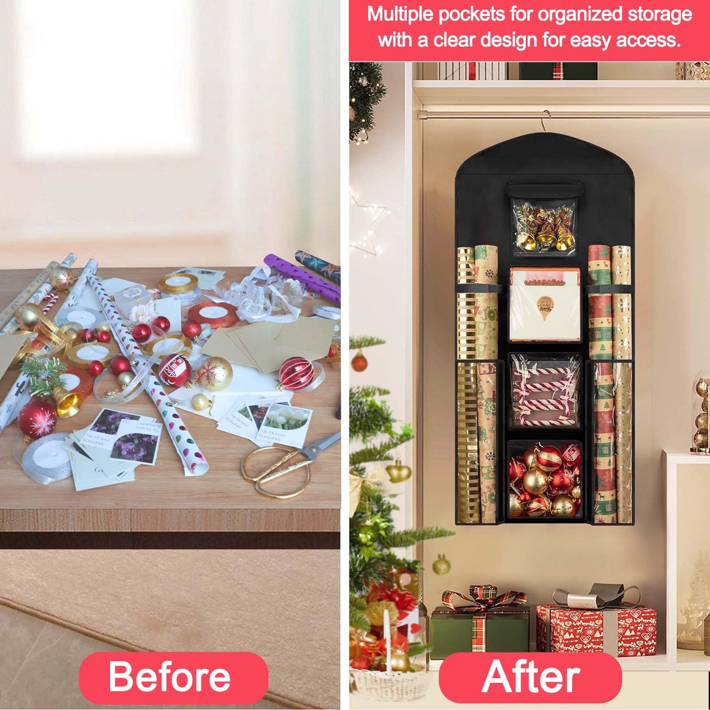 Woodoulogy Hanging Gift Wrapping Paper Storage, 40"X17" Black Double-Sided Christmas Wrapper Bag Container, Oxford Craft Roll Organizer, Present Wrap Holder for Bedroom Closet, Door, Cabinet