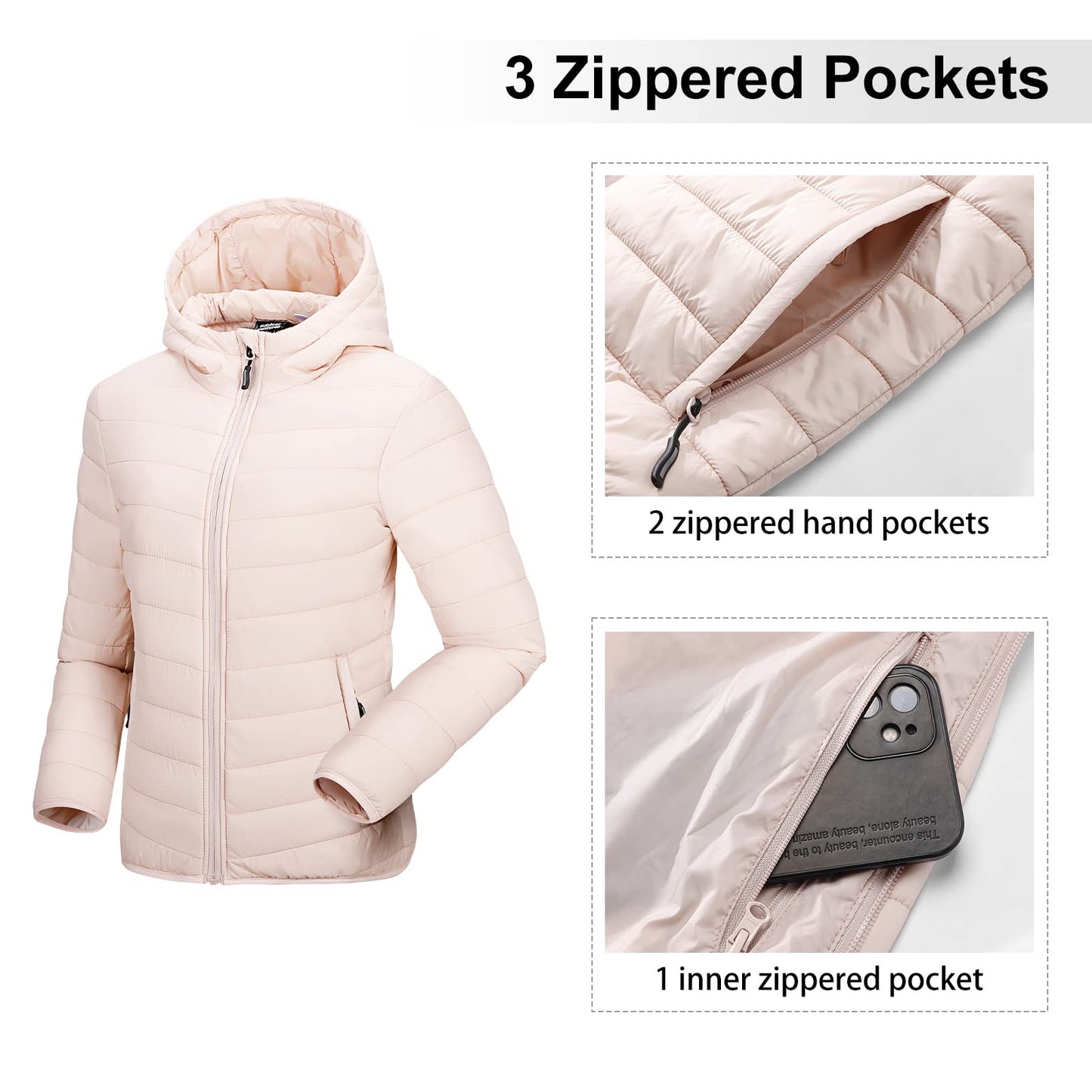 Outdoor Ventures Women's Packable Lightweight Full-Zip Puffer Jacket with Hood Quilted Winter Coat