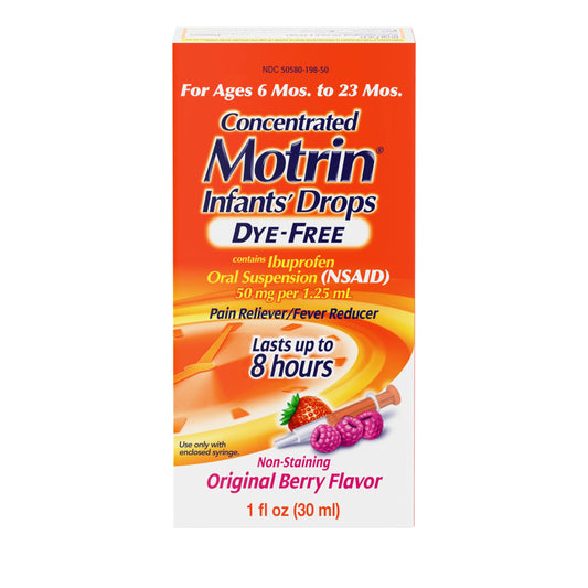Motrin Infants' Oral Suspension Concentrated Liquid Medicine Drops with Ibuprofen, NSAID Fever Reducer & Pain Reliever for Babies, Dye Free, Alcohol-Free, Original Berry Flavor, 1 fl. oz