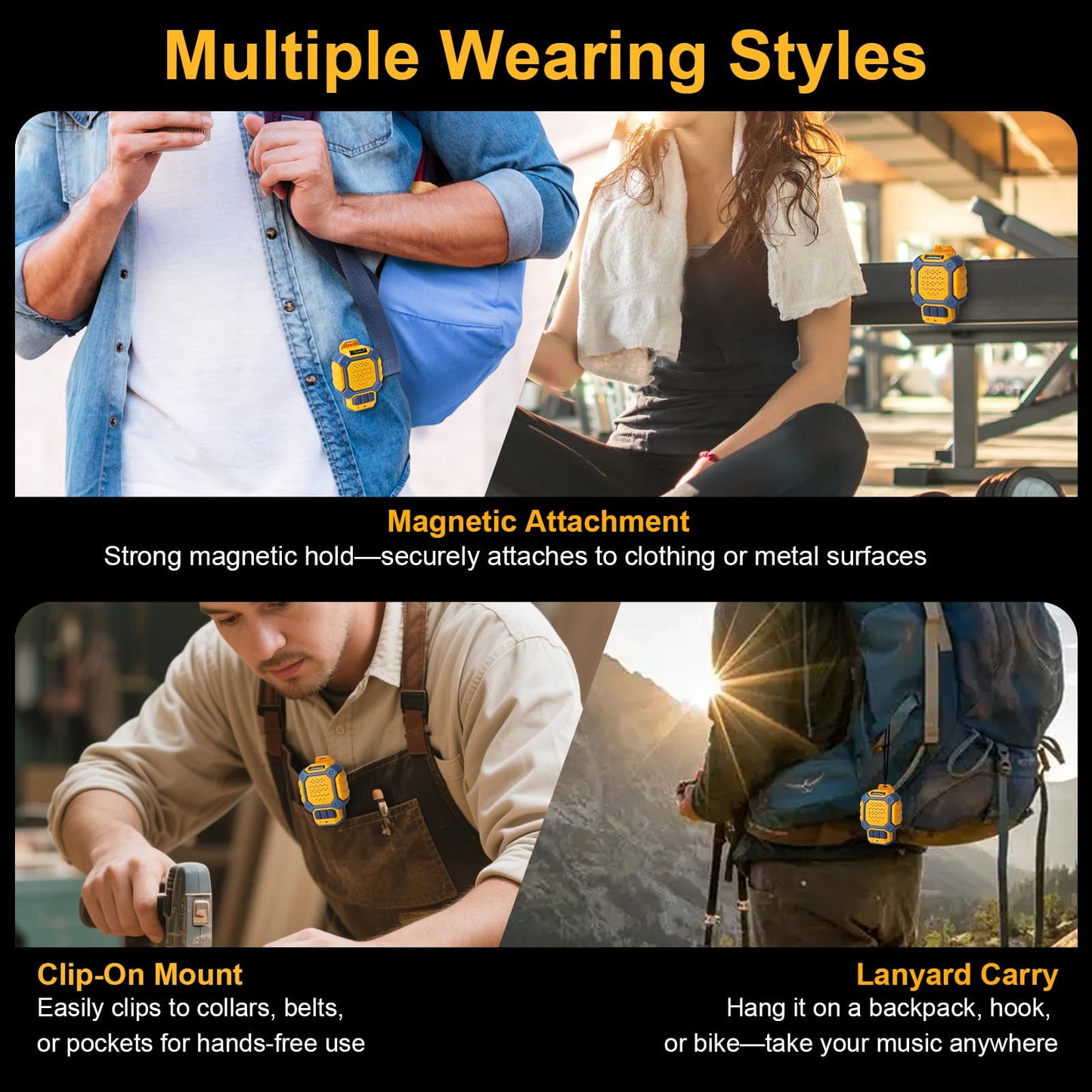 waitley Mini Wearable Bluetooth Speaker - Magnetic Clip, Clip-On & Lanyard 3-in-1, IP56 Waterproof, 12H Playtime, Built-in Mic for Outdoor, Camping, Running, Cycling, Worksite, Jobsite