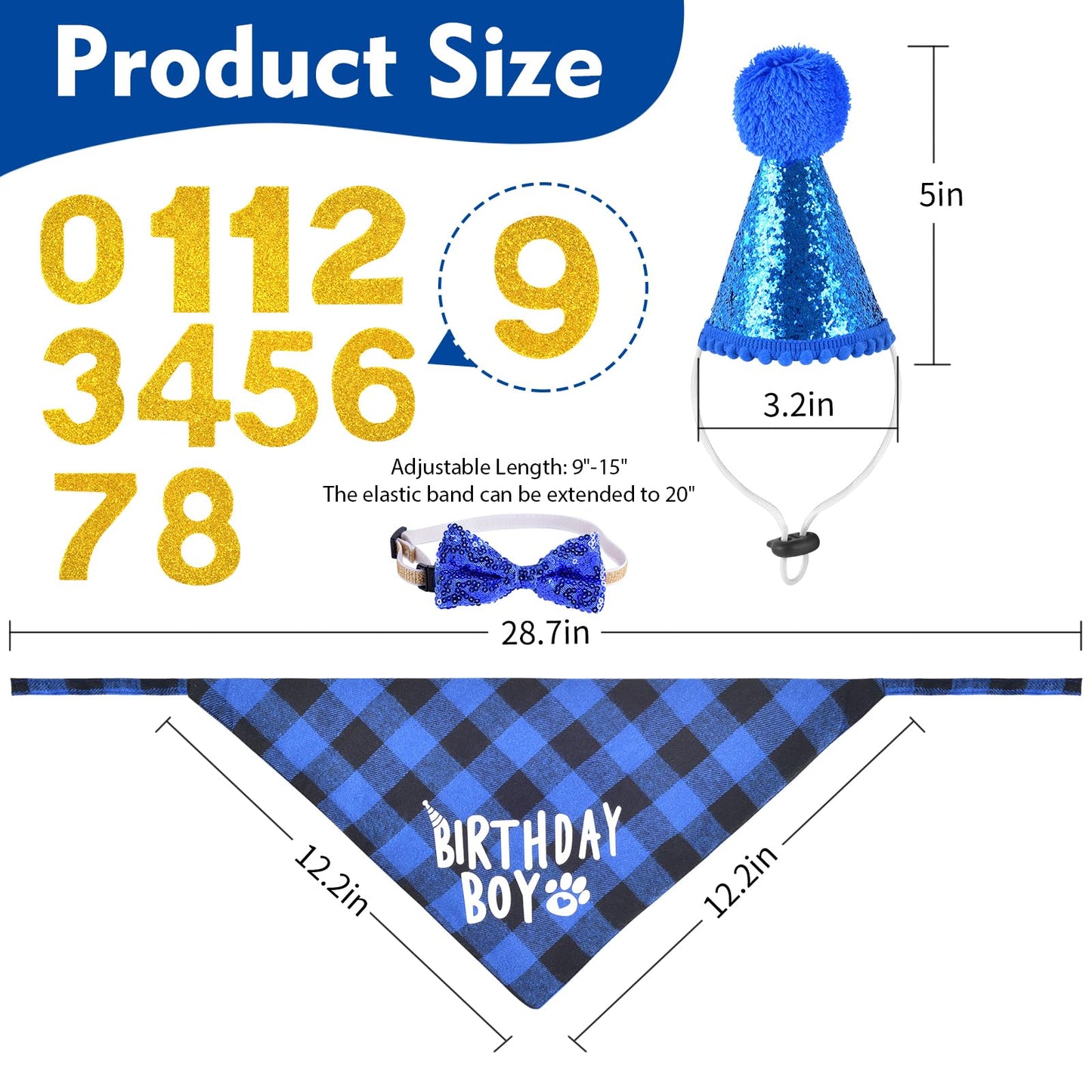 JCSHIMO Dog Birthday Party Supplies, Dog Birthday Bandana Hat Numbers Bow Set for Small, Medium, Large Dogs Pets Party Decorations