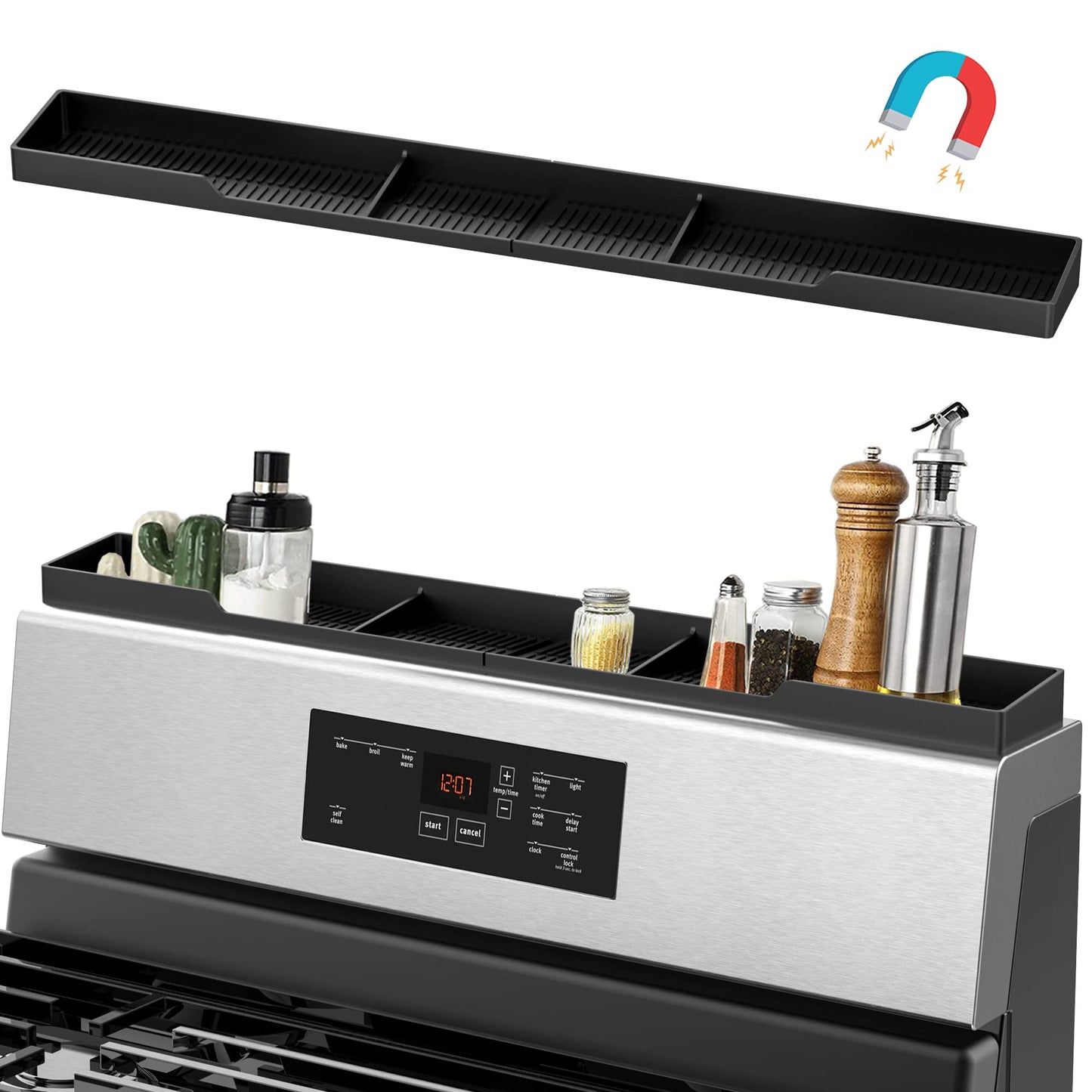 AWOKE Stove Top Shelf 30 Inch - Silicone Material Magnetic Shelf for Stove - 3 Functional Partitions Kitchen Spice Rack Organizer-Black,Kitchen Gadgets Storage Organization