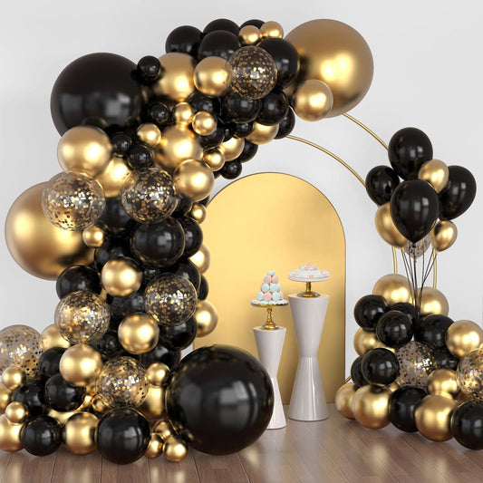 Black and Gold Balloon Garland Kit, 114Pcs Black and Gold Balloons, 4 Size Black Gold Latex Party Balloons for Birthday Decorations, New Years, Wedding, Graduation