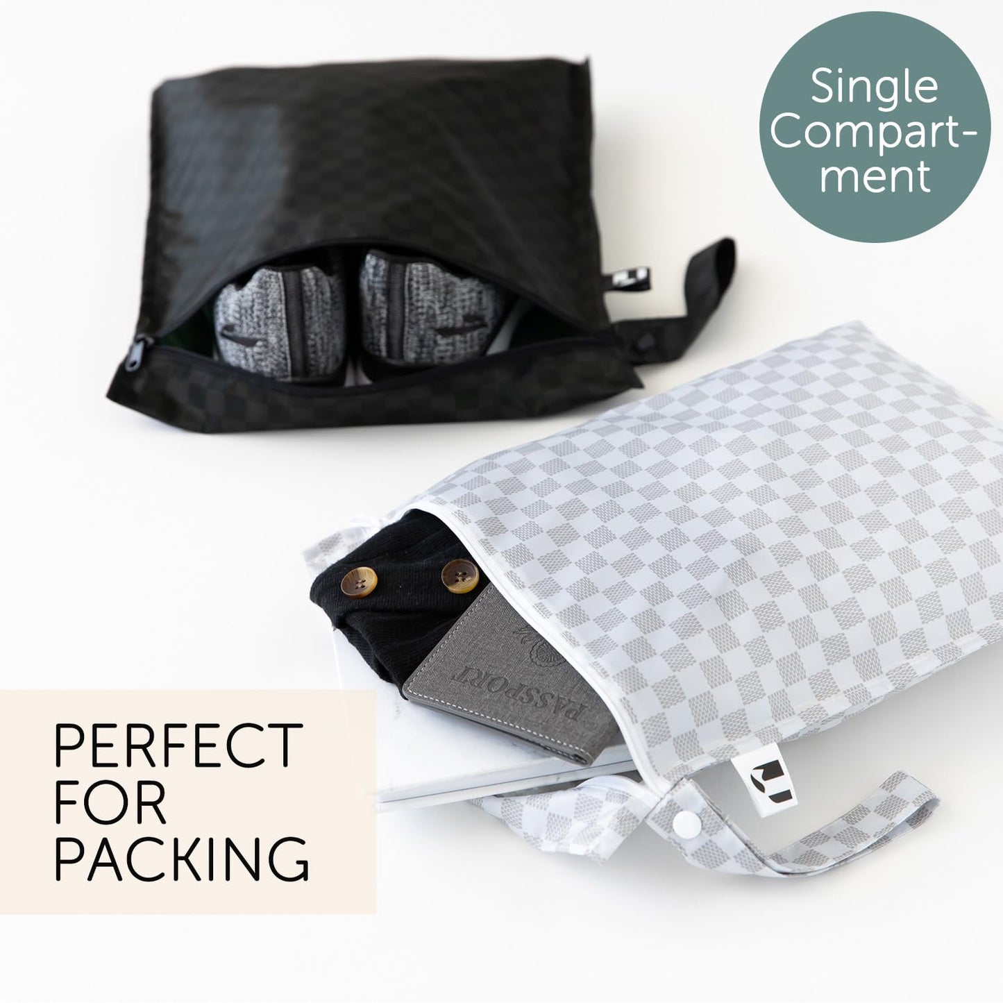 Bumkins Roamio - Waterproof Wet Bag - For Baby, Travel, Swim Suit, Cloth Diapers, Pump Parts, Pool, Gym, Toiletry, Strap to Stroller - Reusable & Easy to Clean - 2pk - Black Check & Off White