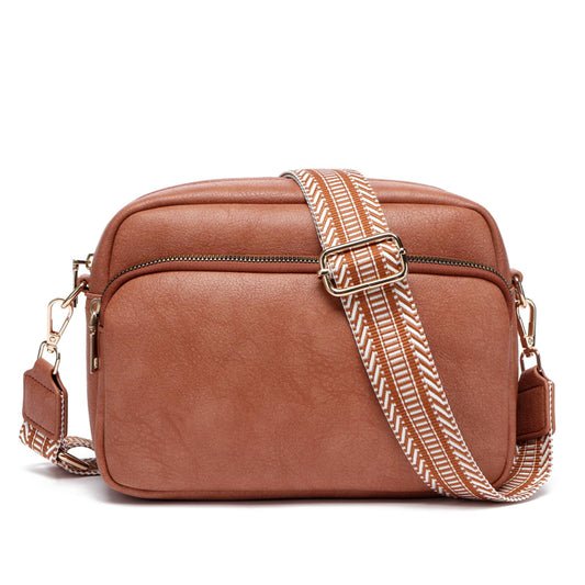 Botimmy Crossbody Bags for Women, Small Cross Body Purse Vegan Leather Triple Zip Shoulder Handbag with Adjustable Wide Strap Brown