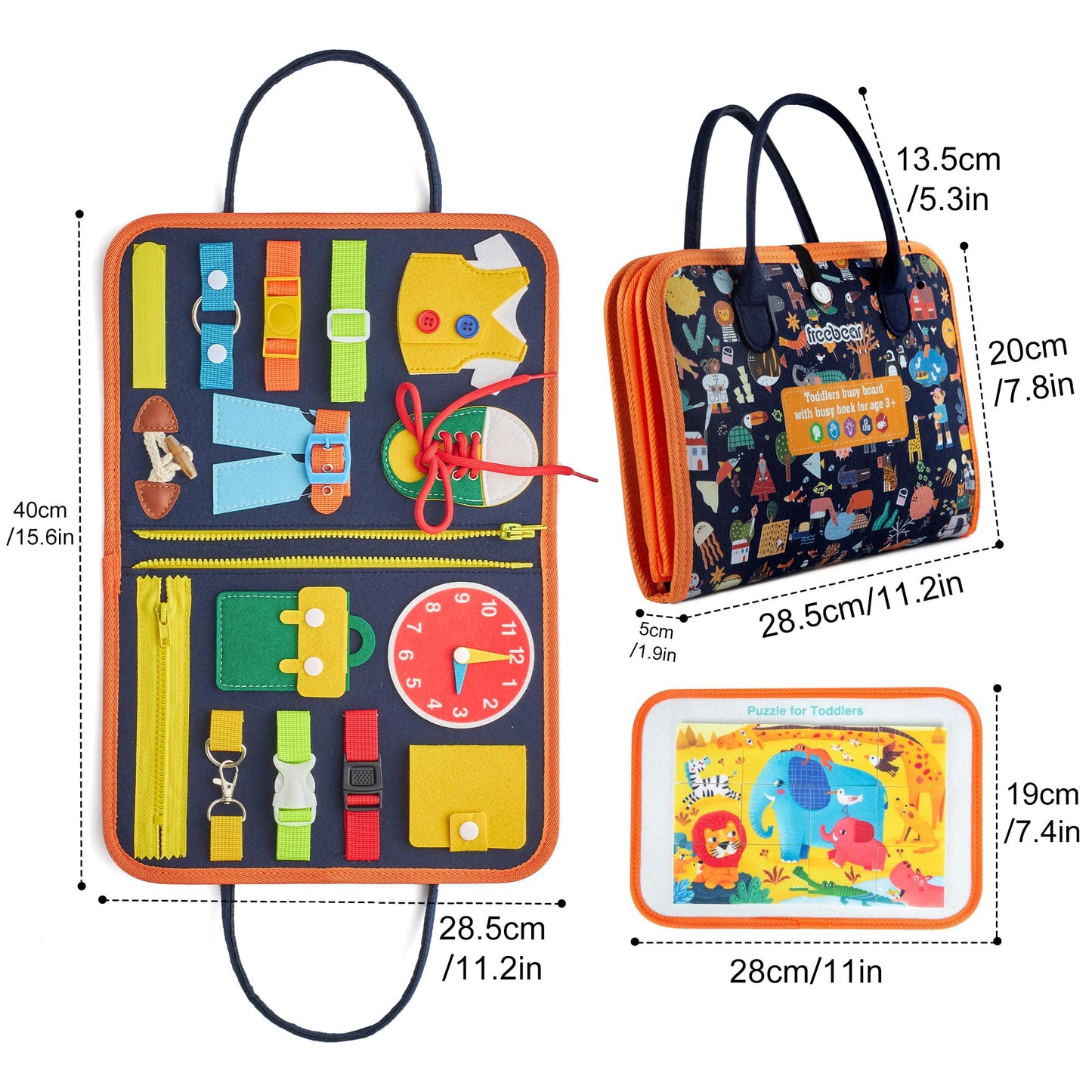 Freebear Busy Board Toddler Travel Sensory Toys for 1 2 3 4, Montessori Learning Activities Board, Educational Toys for 3 4 Year Old Boys Girls Gift, Classic