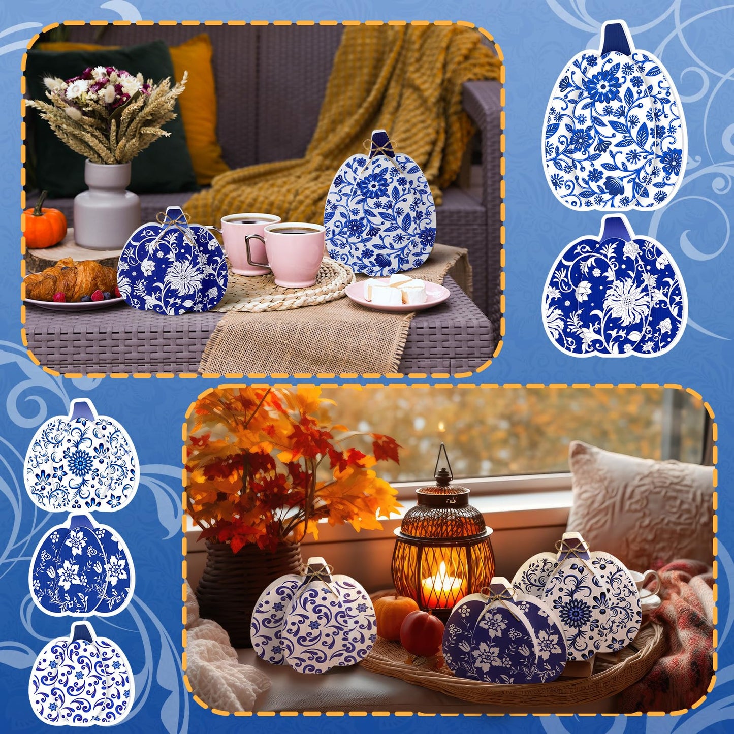 Moucuny 5 Pcs Blue and White Porcelain Pumpkin Decor Chinoiserie Porcelain Fall Pumpkin Sign Autumn Farmhouse Rustic Tiered Tray Decorations Table Centerpieces Standing Wooden Block for Home Kitchen